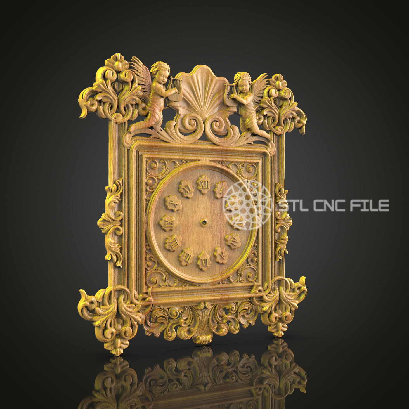 Cherub Embellished Clock STL, Baroque CNC Decor, Vintage Wall Art Design