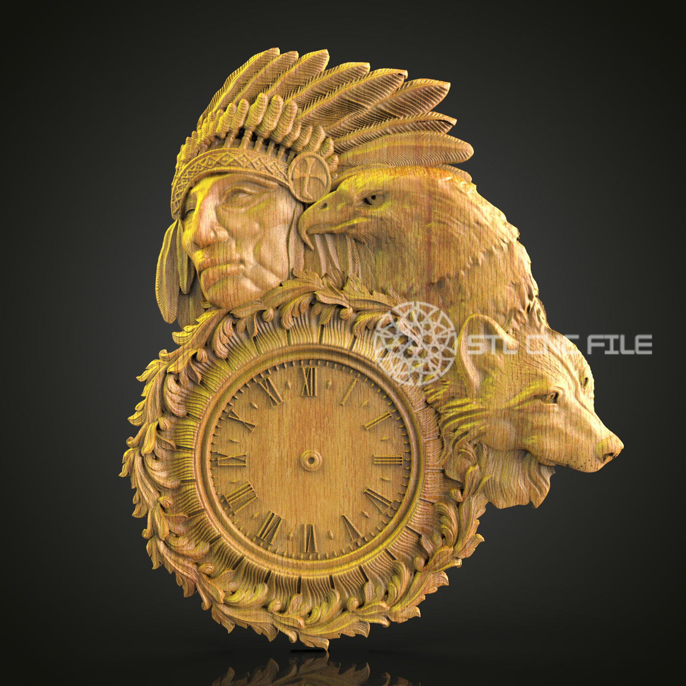 Tribal Chief Clock STL Model, CNC Router Engraving File, Artcam Aspire Artwork, Wildlife Wall Decor, Wood Carving 3D Design, CNC Digital