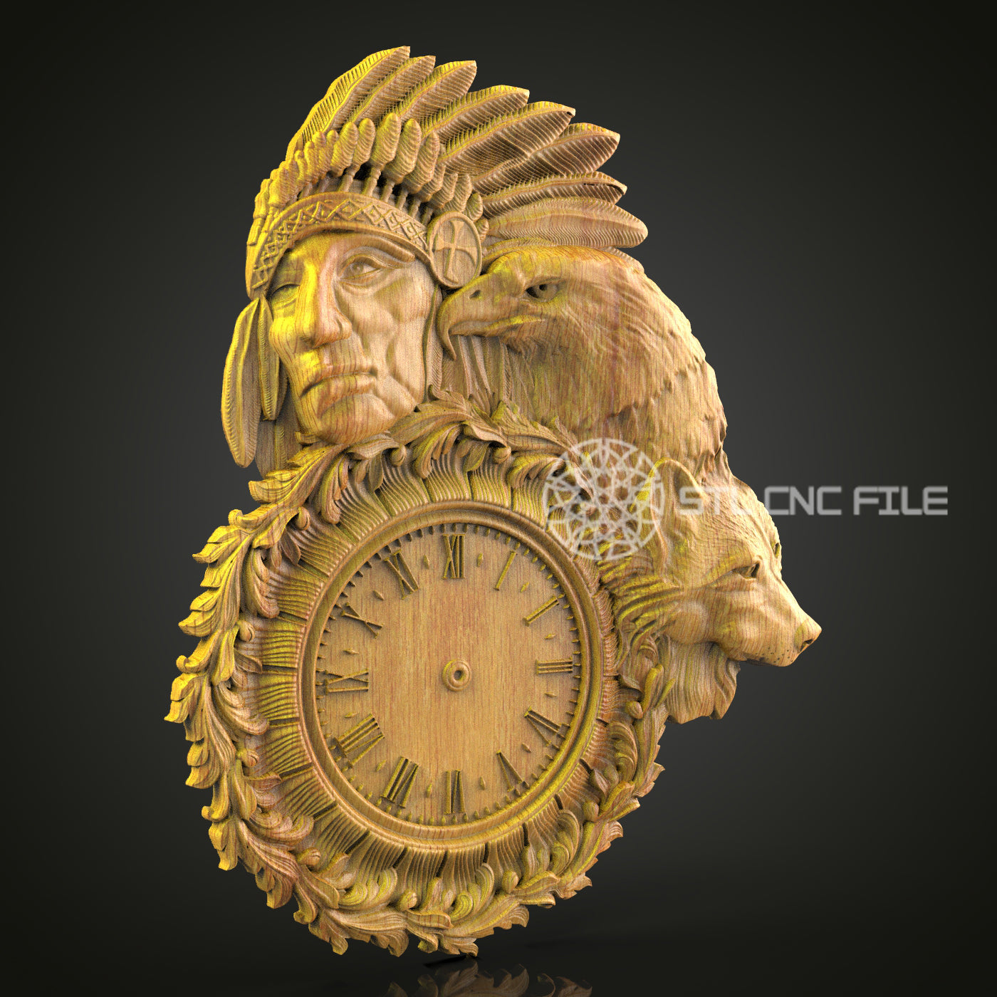 Tribal Chief Clock STL Model, CNC Router Engraving File, Artcam Aspire Artwork, Wildlife Wall Decor, Wood Carving 3D Design, CNC Digital