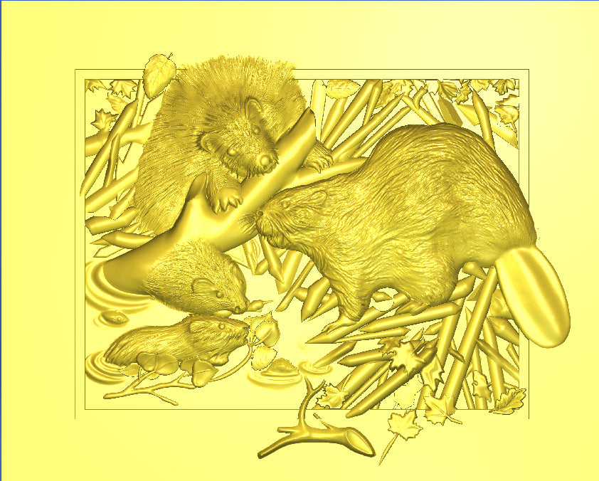 Beaver Family at Work 3D STL Model, Ideal for CNC Routers, Artcam & Aspire Compatible, Nature-Inspired Wood Wall Art