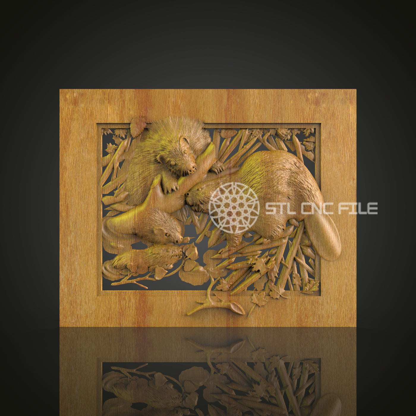Beaver Family at Work 3D STL Model, Ideal for CNC Routers, Artcam & Aspire Compatible, Nature-Inspired Wood Wall Art