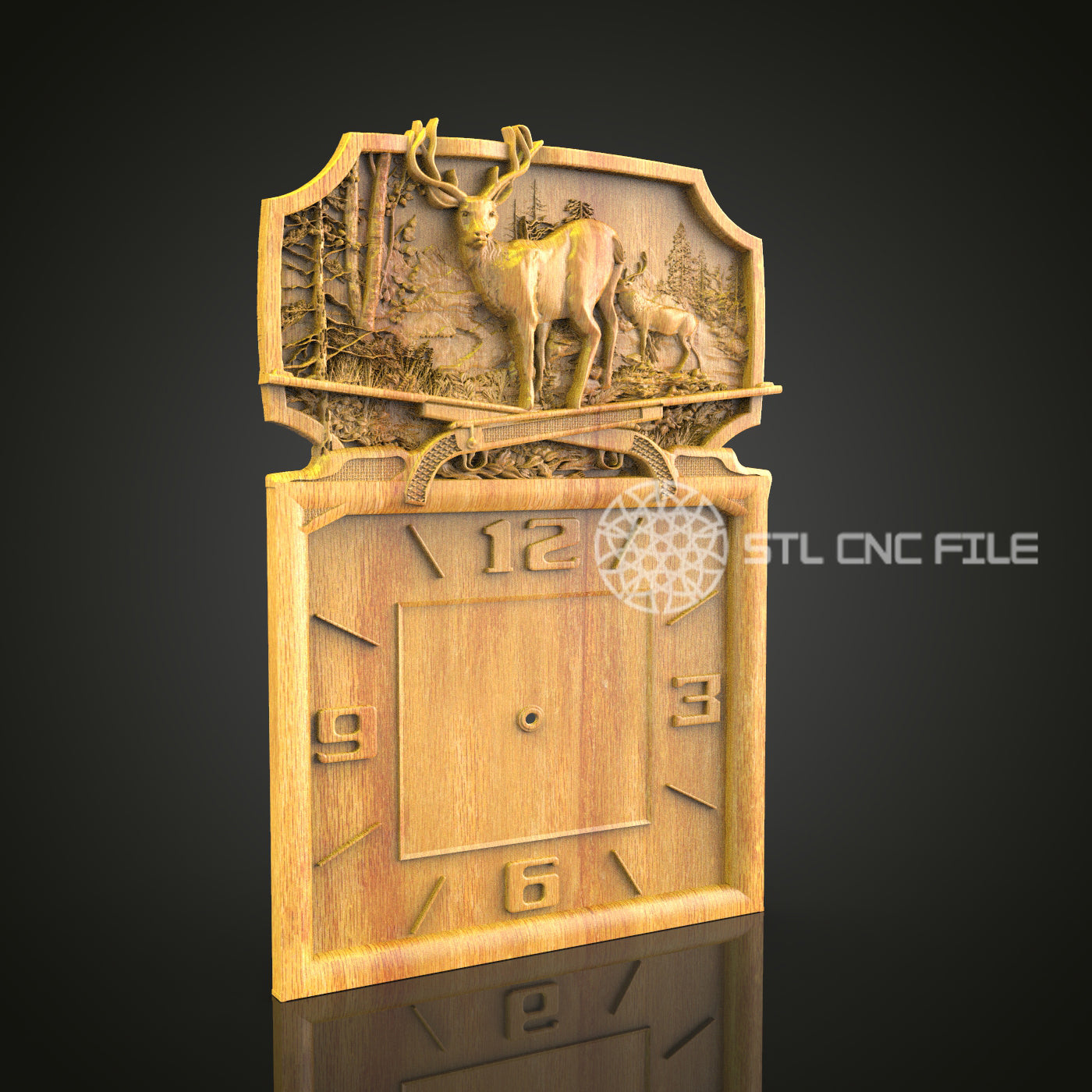 Rustic Fauna 3D STL Clock Model - CNC Woodworking Files, Deer Forest Scene, Artcam Aspire Engraver, Wall Art Decoration, CNC Router Design
