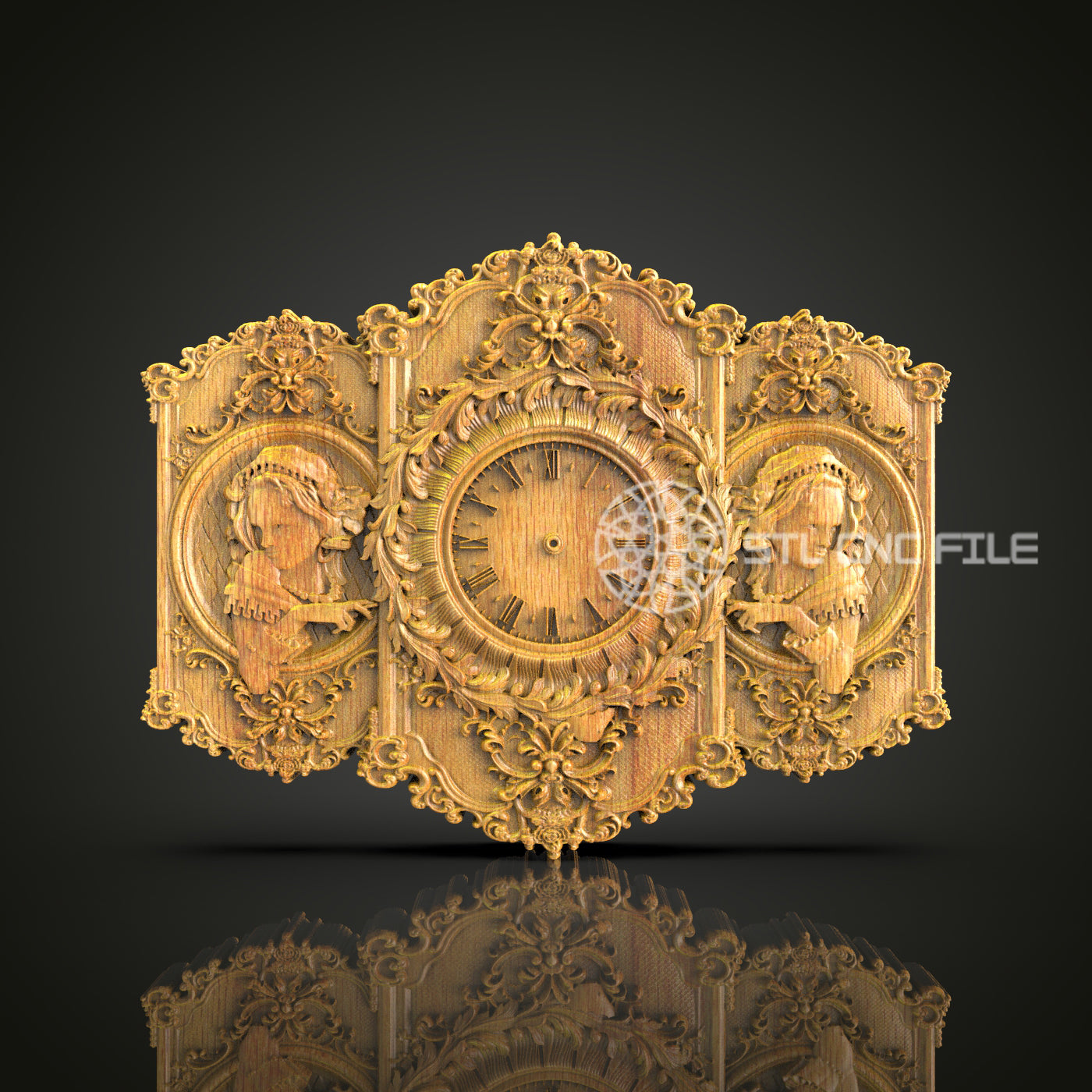 Classic Elegance 3D STL Clock Model - CNC Engraving, Renaissance-Inspired Art, Wood Wall Decor, CNC Router Files, Artcam Aspire Design