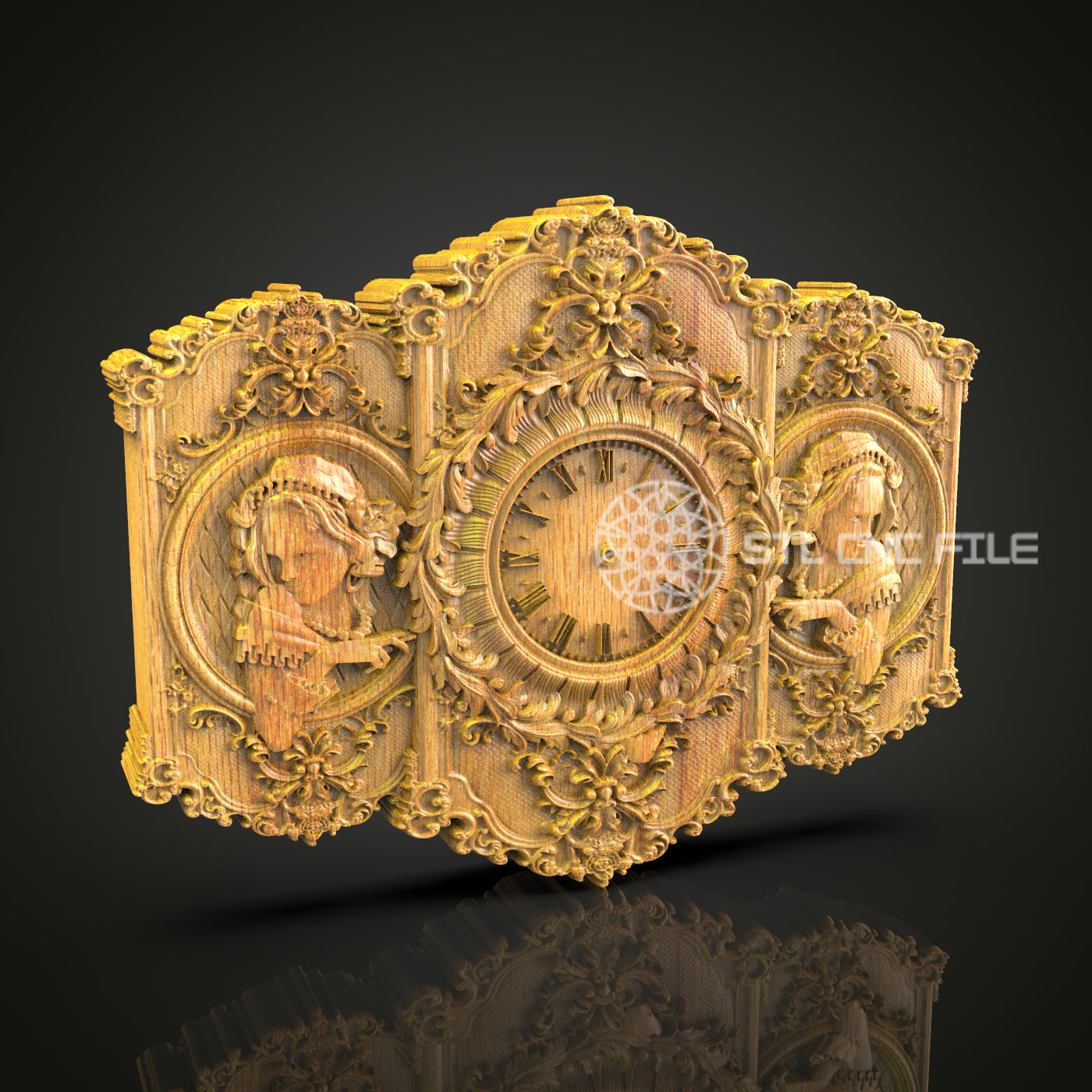 Classic Elegance 3D STL Clock Model - CNC Engraving, Renaissance-Inspired Art, Wood Wall Decor, CNC Router Files, Artcam Aspire Design