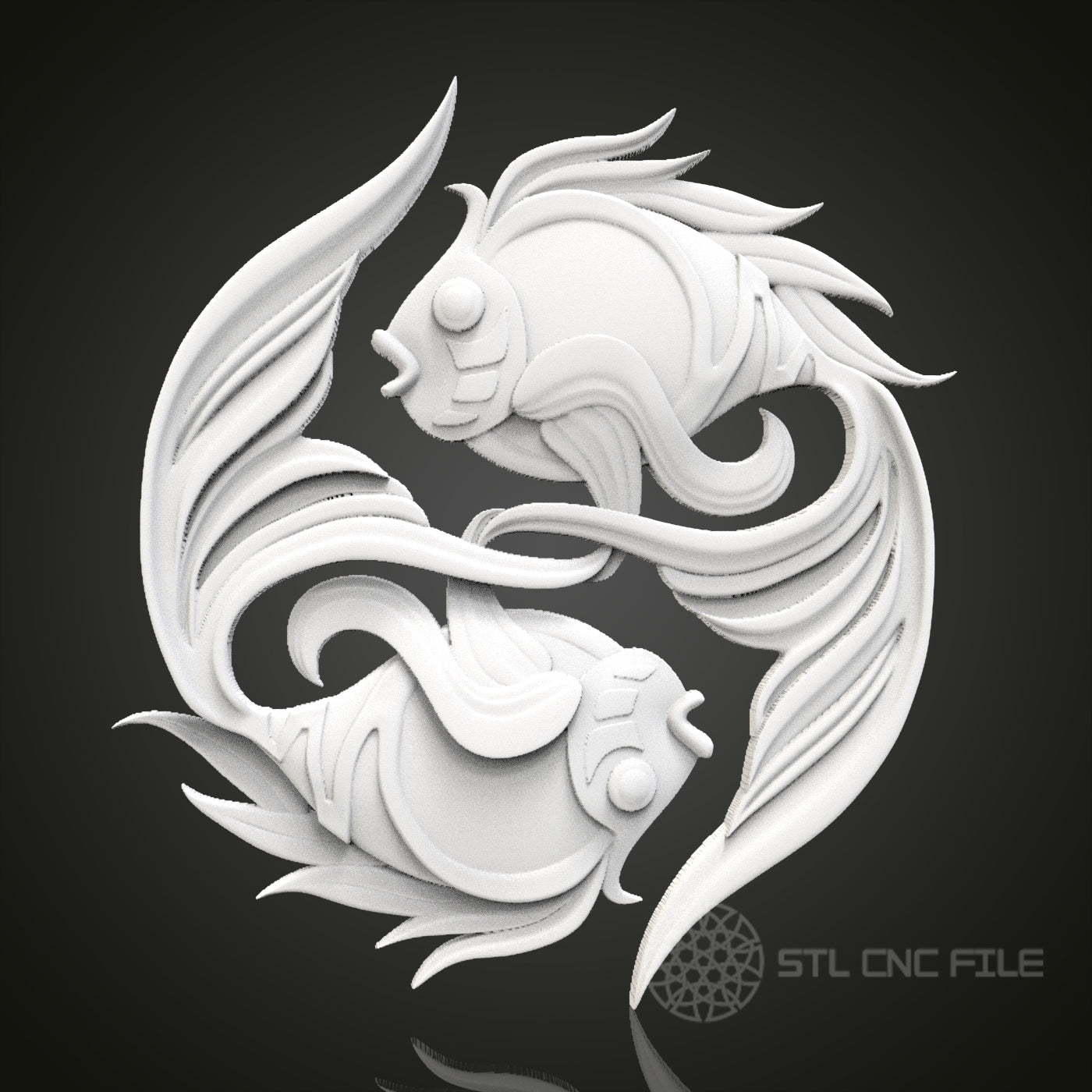 Eternal Flow - Intertwined Fish 3D CNC Engraved Wood Panel, Artcam Aspire STL Model for CNC Router, Dynamic Aquatic Art