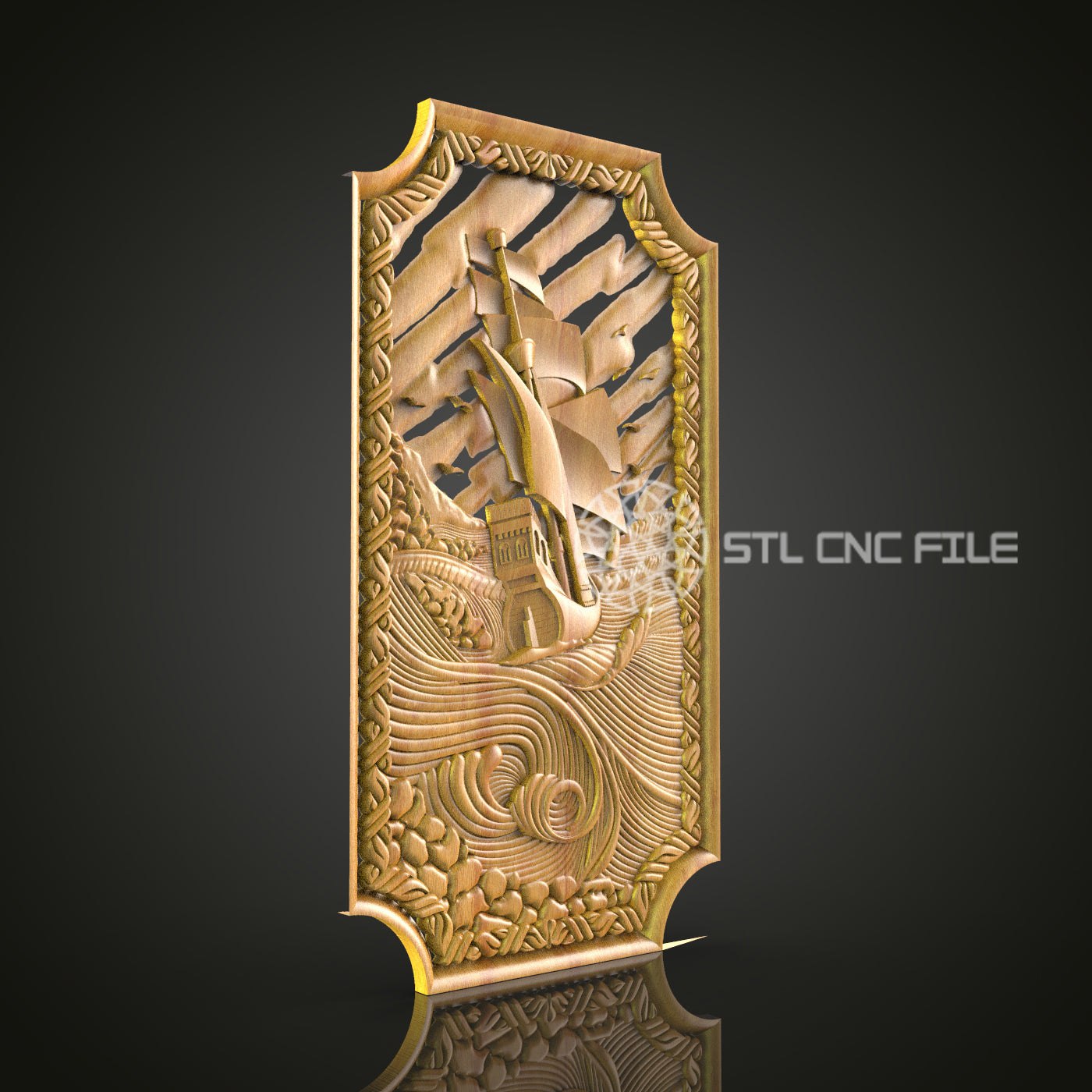 Stormy Sea Ship Wall Art - CNC Router STL Model, Nautical Decor, Artcam Aspire Files
