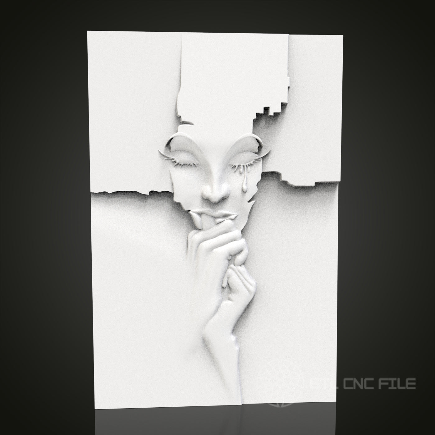Abstract Crying Face - 3D CNC Engraved Wood Panel, Artcam Aspire STL Model for CNC Router, Emotional Wall Art