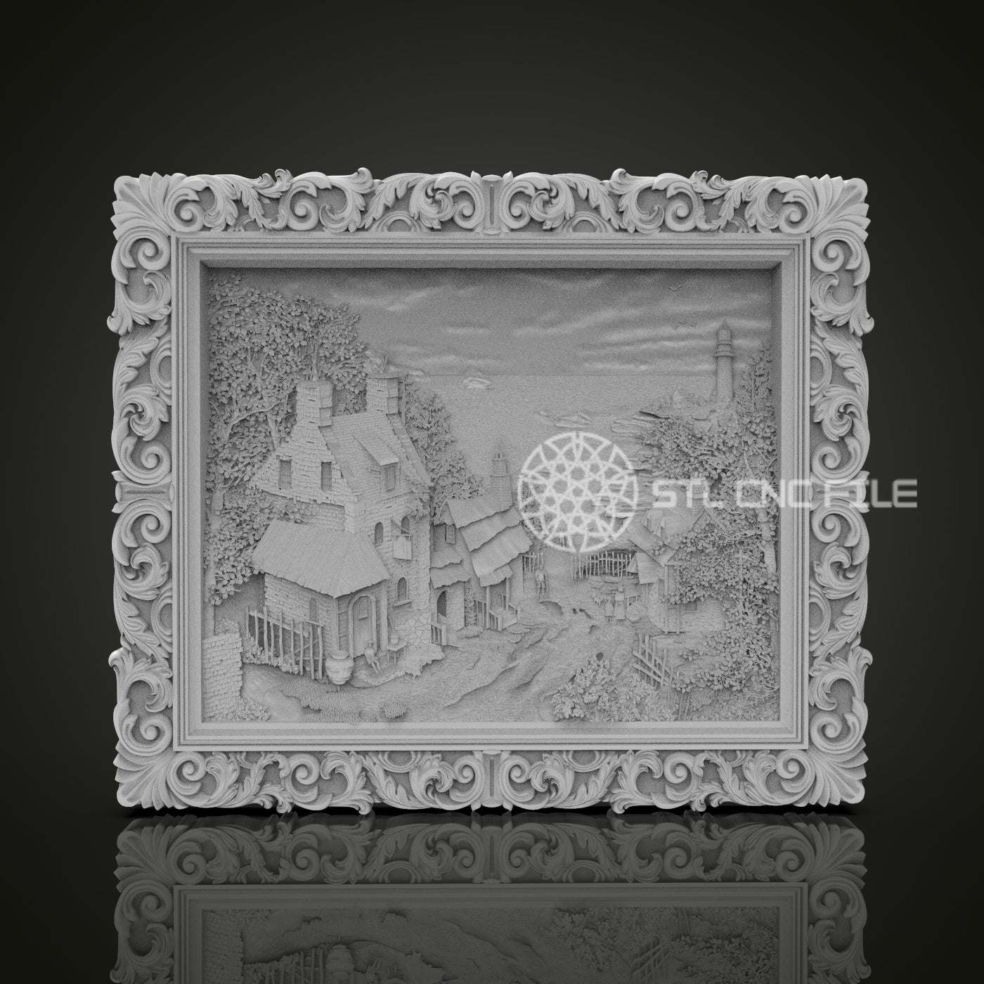 Village Landscape Relief STL File, Detailed CNC Carving Design, Ornate Frame for Artcam, Aspire