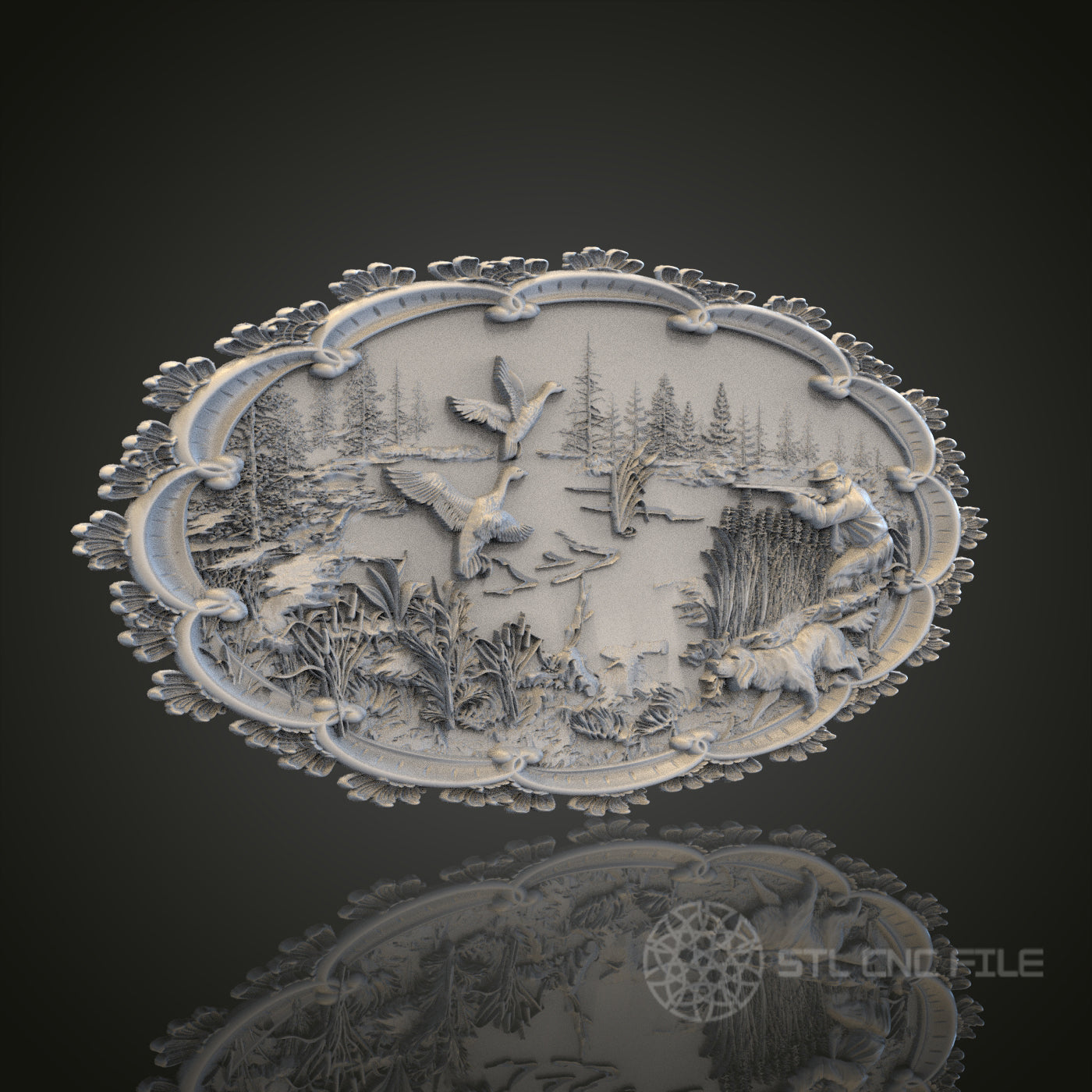 Exquisite Hunting Scene Oval Plaque STL Model for CNC Router Engraver, Artcam, Aspire, Wood Art Wall Decor