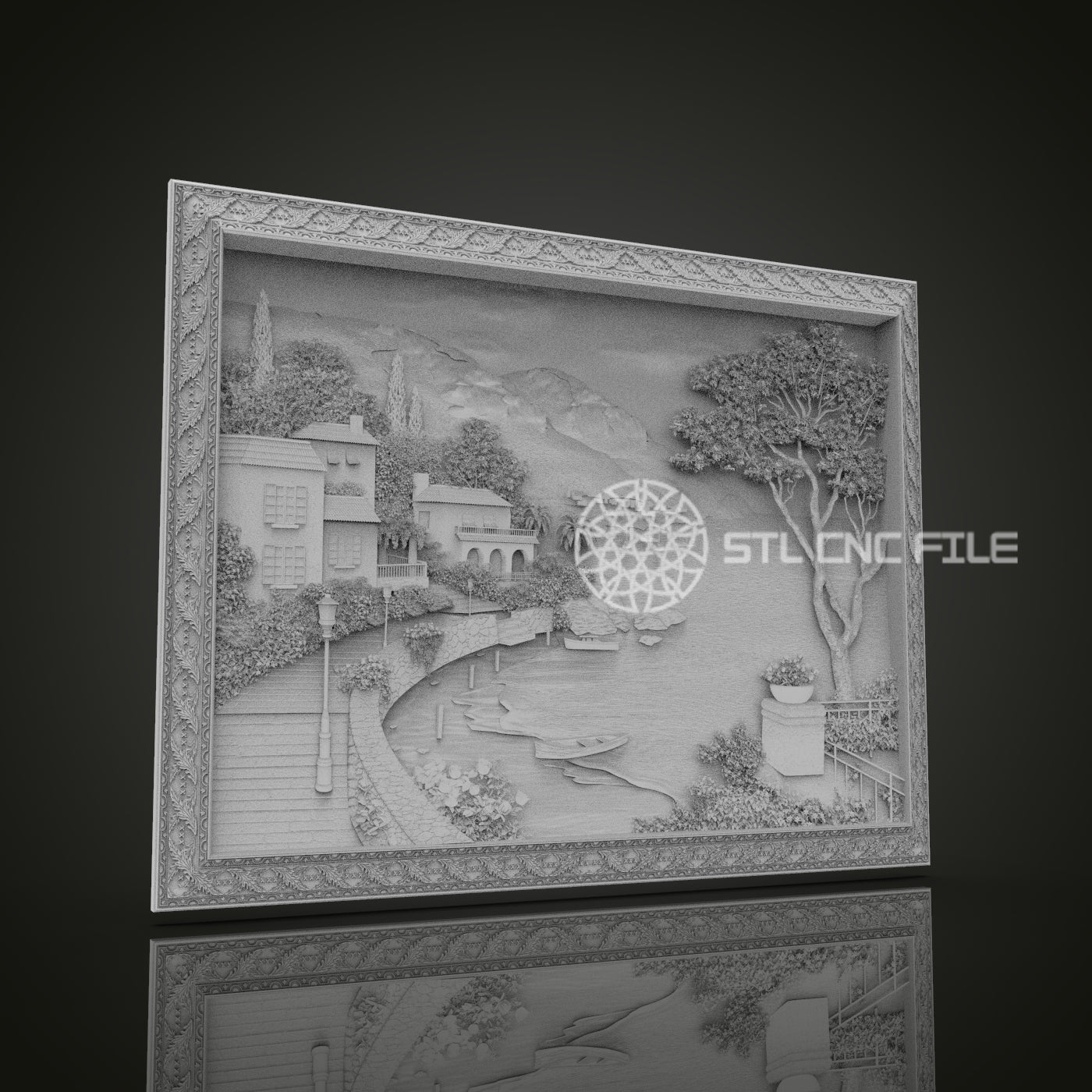 Mediterranean Village Relief STL File, Scenic CNC Carving Design with Ornate Frame for Artcam, Aspire