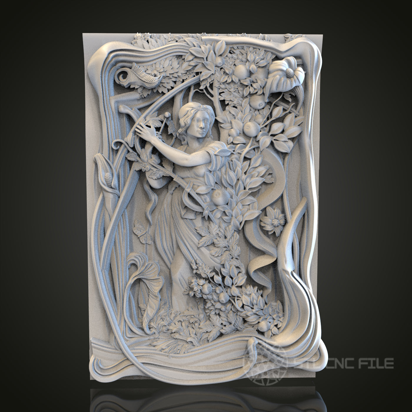 Nature's Muse - Classical Woman and Flora 3D CNC Engraved Wood Panel, Artcam Aspire STL Model for CNC Router, Elegant Wall Art