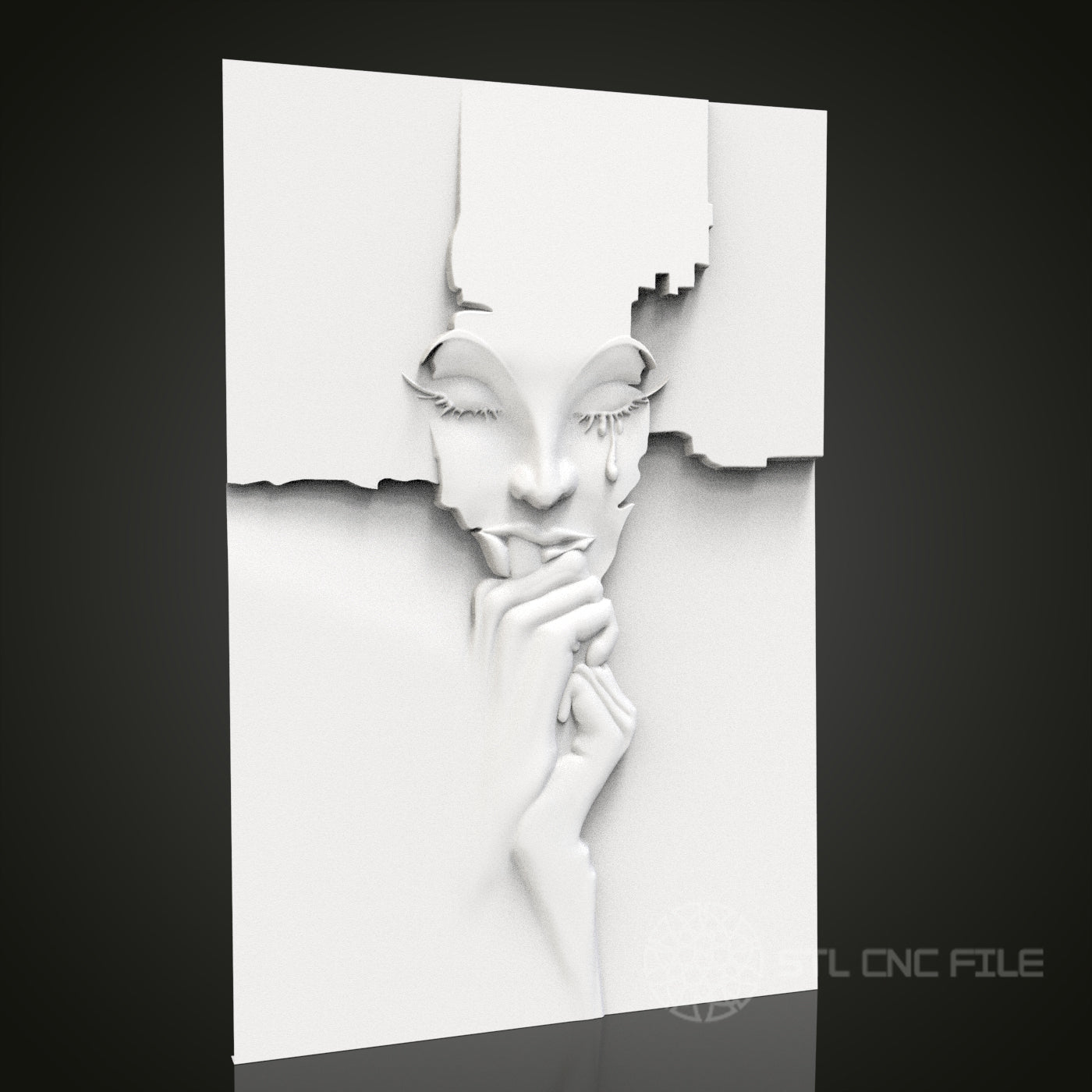 Abstract Crying Face - 3D CNC Engraved Wood Panel, Artcam Aspire STL Model for CNC Router, Emotional Wall Art