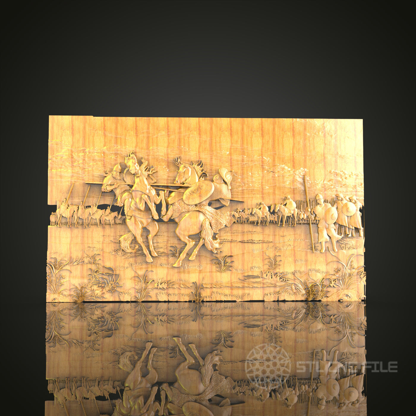 Classical Hunting Scene Relief STL Model for CNC Router - Artcam, Aspire Compatible, Detailed Wood Carving