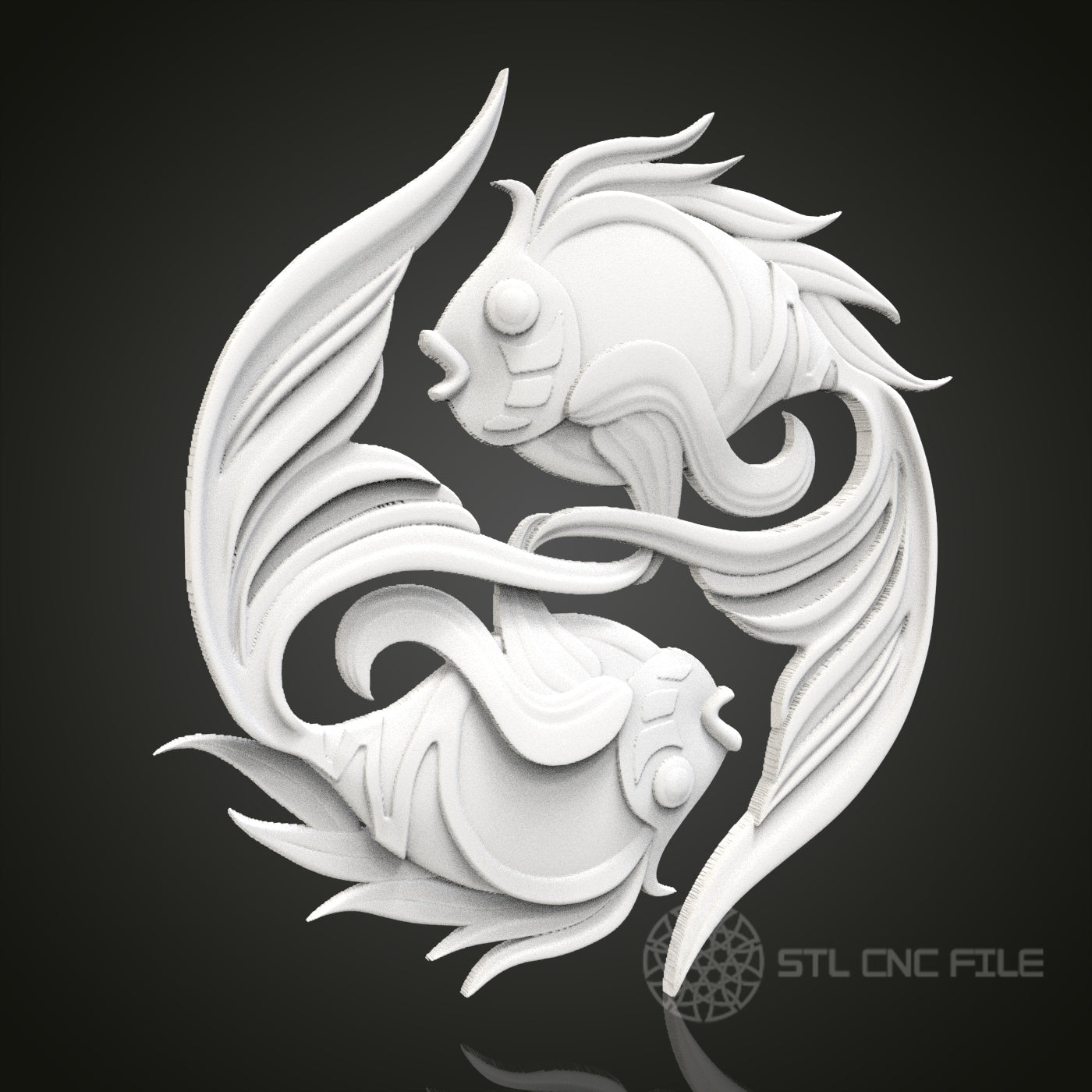 Eternal Flow - Intertwined Fish 3D CNC Engraved Wood Panel, Artcam Aspire STL Model for CNC Router, Dynamic Aquatic Art