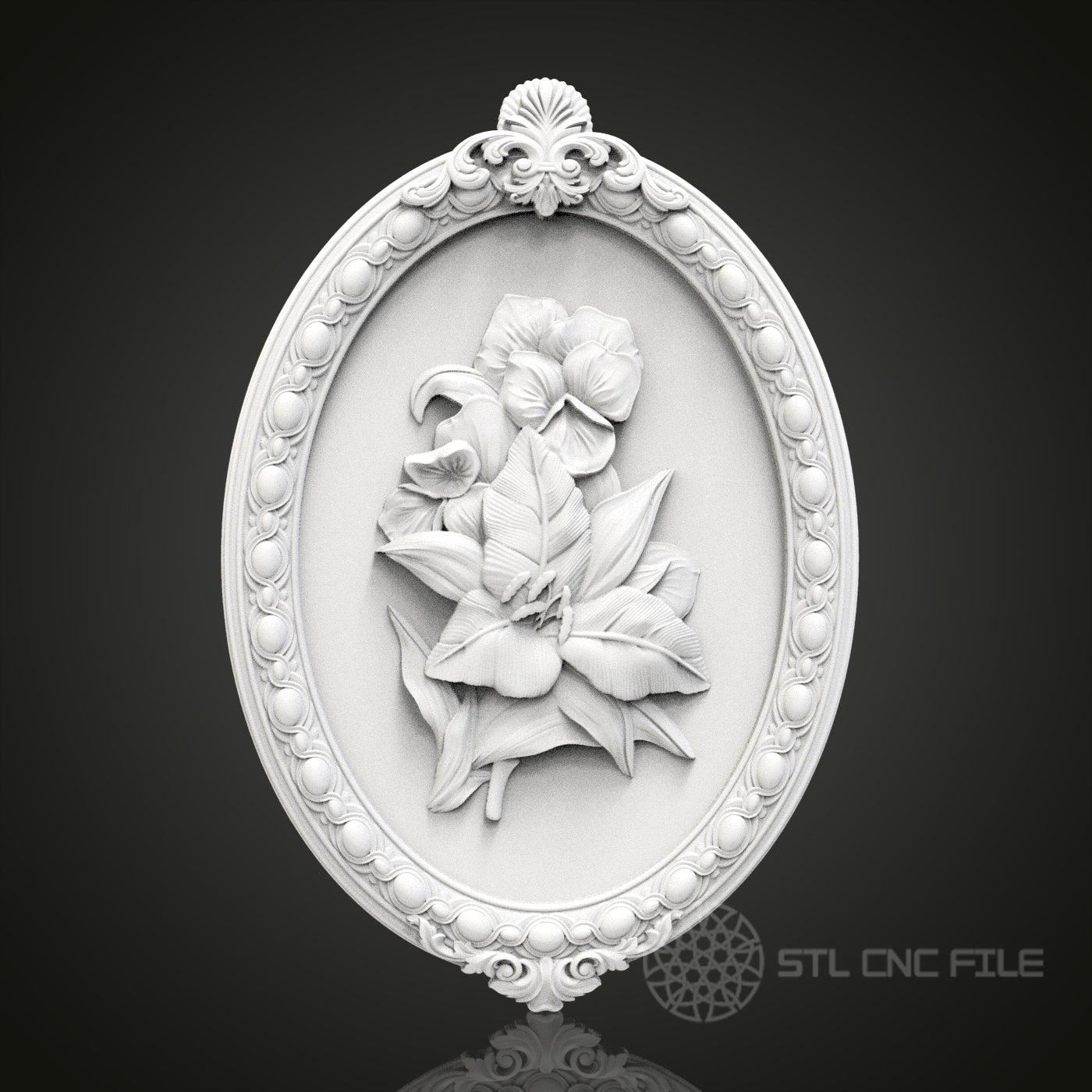 Floral Elegance - Ornate Oval 3D CNC Engraved Wood Panel, Artcam Aspire STL Model for CNC Router, Botanical Wall Art