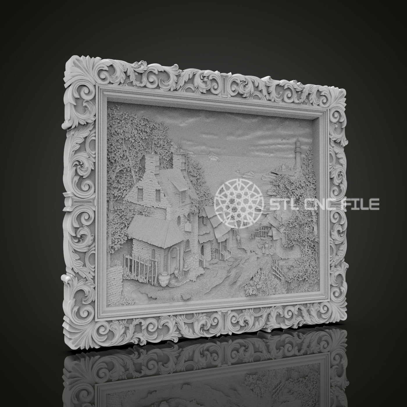 Village Landscape Relief STL File, Detailed CNC Carving Design, Ornate Frame for Artcam, Aspire