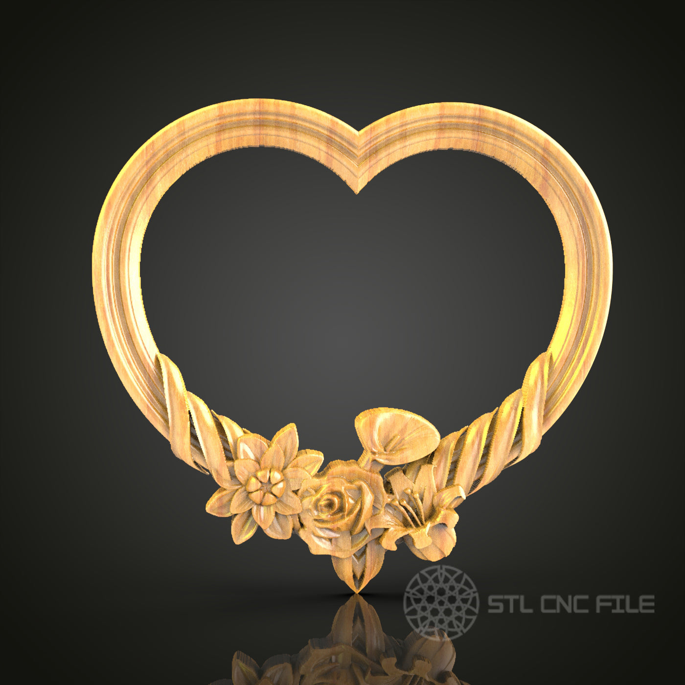 Floral Heart - Romantic 3D CNC Engraved Wood Panel, Artcam Aspire STL Model for CNC Router, Love Inspired Wall Decor