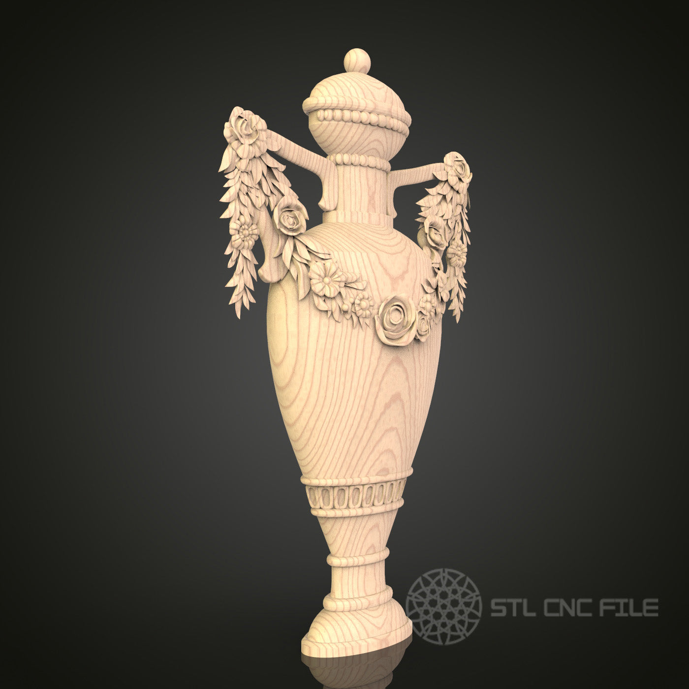 Floral Adorned Urn 3D Model STL File, Classical Vase Design for CNC Router – Compatible with Artcam, Aspire