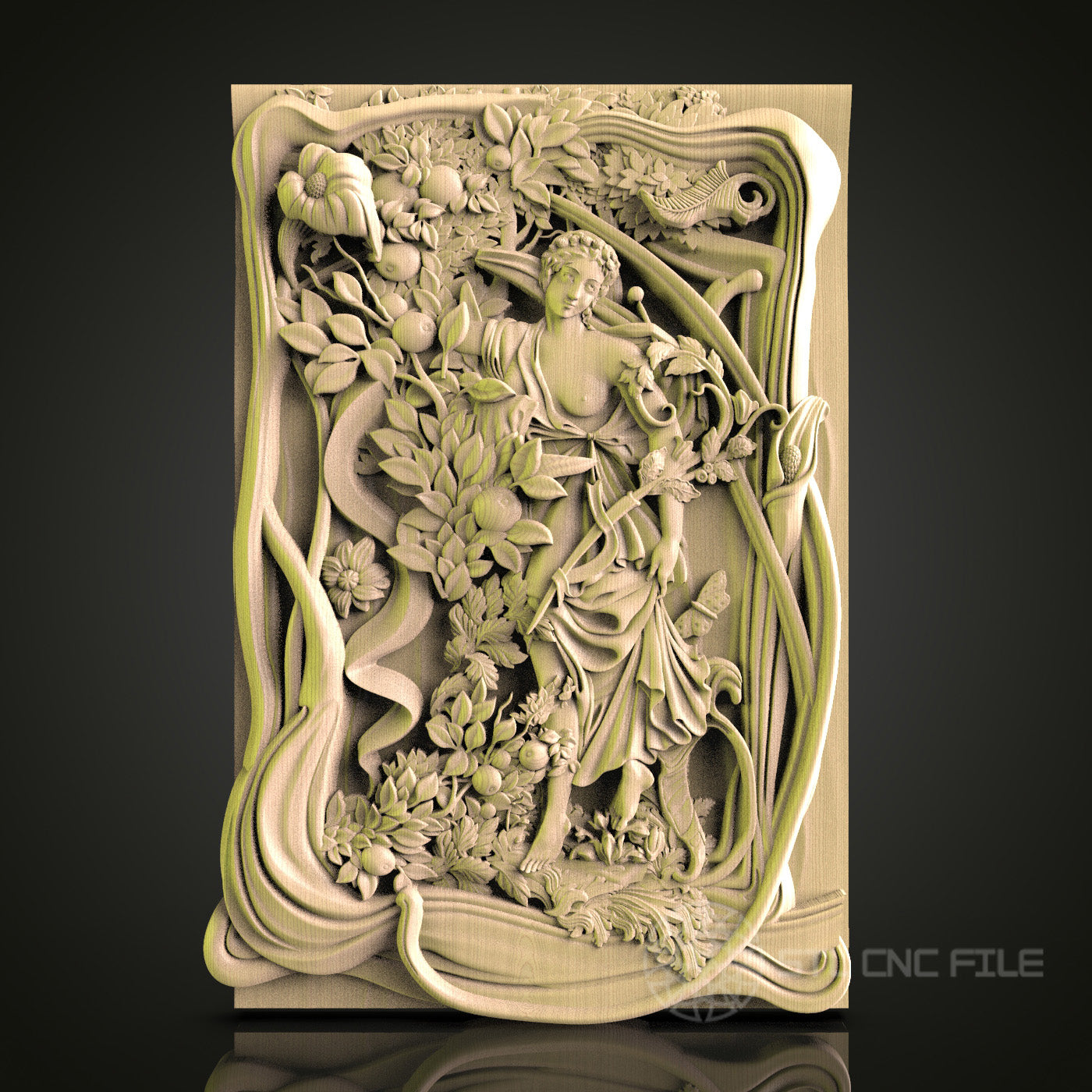 Baroque Garden Scene 3D Model STL File for CNC Router, Artistic Panel with Figurative and Floral Elements – Compatible with Artcam, Aspire