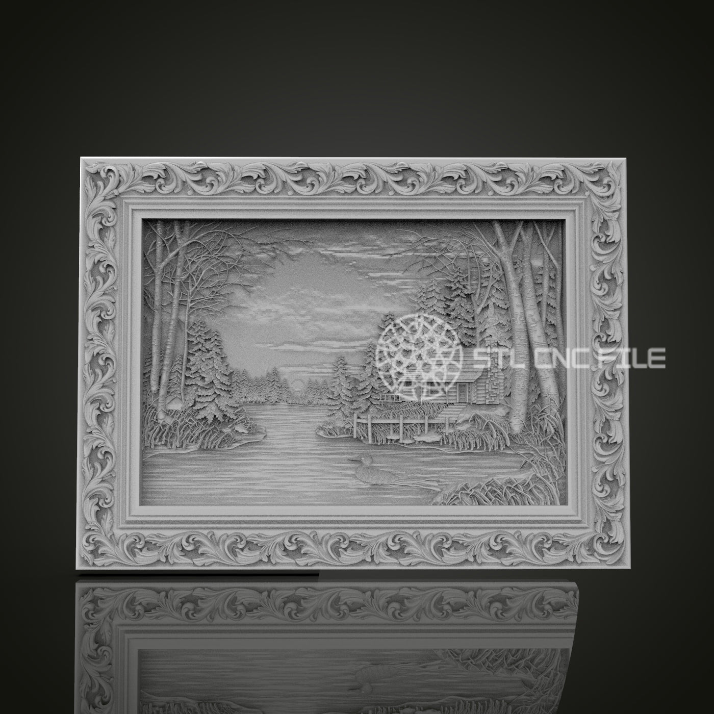 Winter Landscape Relief STL File, Scenic CNC Carving Design with Ornate Frame for Artcam, Aspire