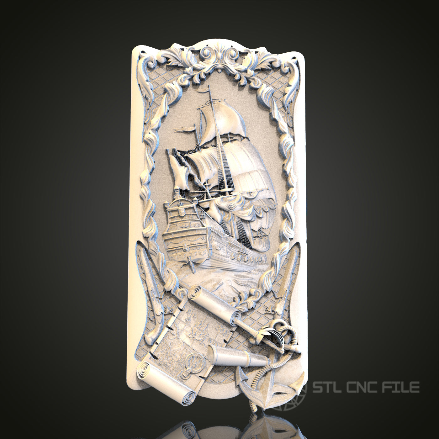 Vintage Sailing Ship 3D STL File, CNC and 3D Printer Model, Nautical Art, Artcam Aspire, Maritime Wall Decor