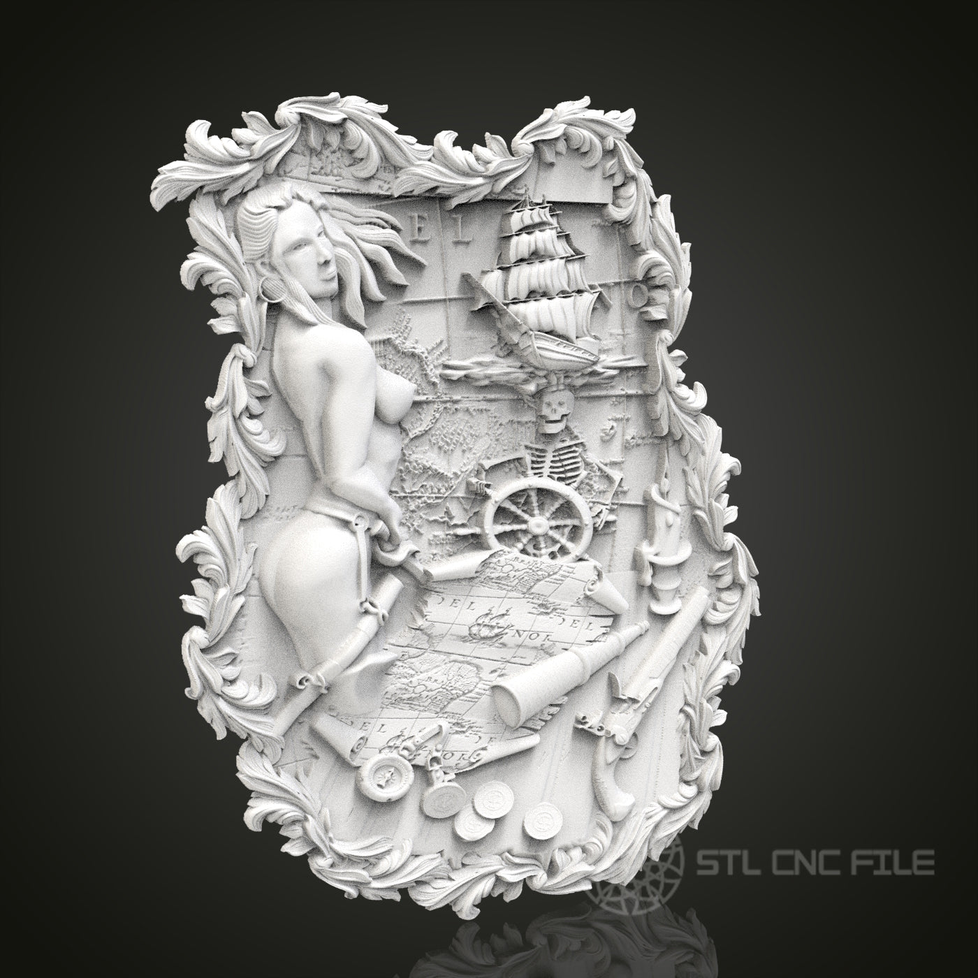 Pirate's Treasure - Nautical 3D CNC Engraved Wood Panel, Artcam Aspire STL Model for CNC Router, Maritime Adventure Art