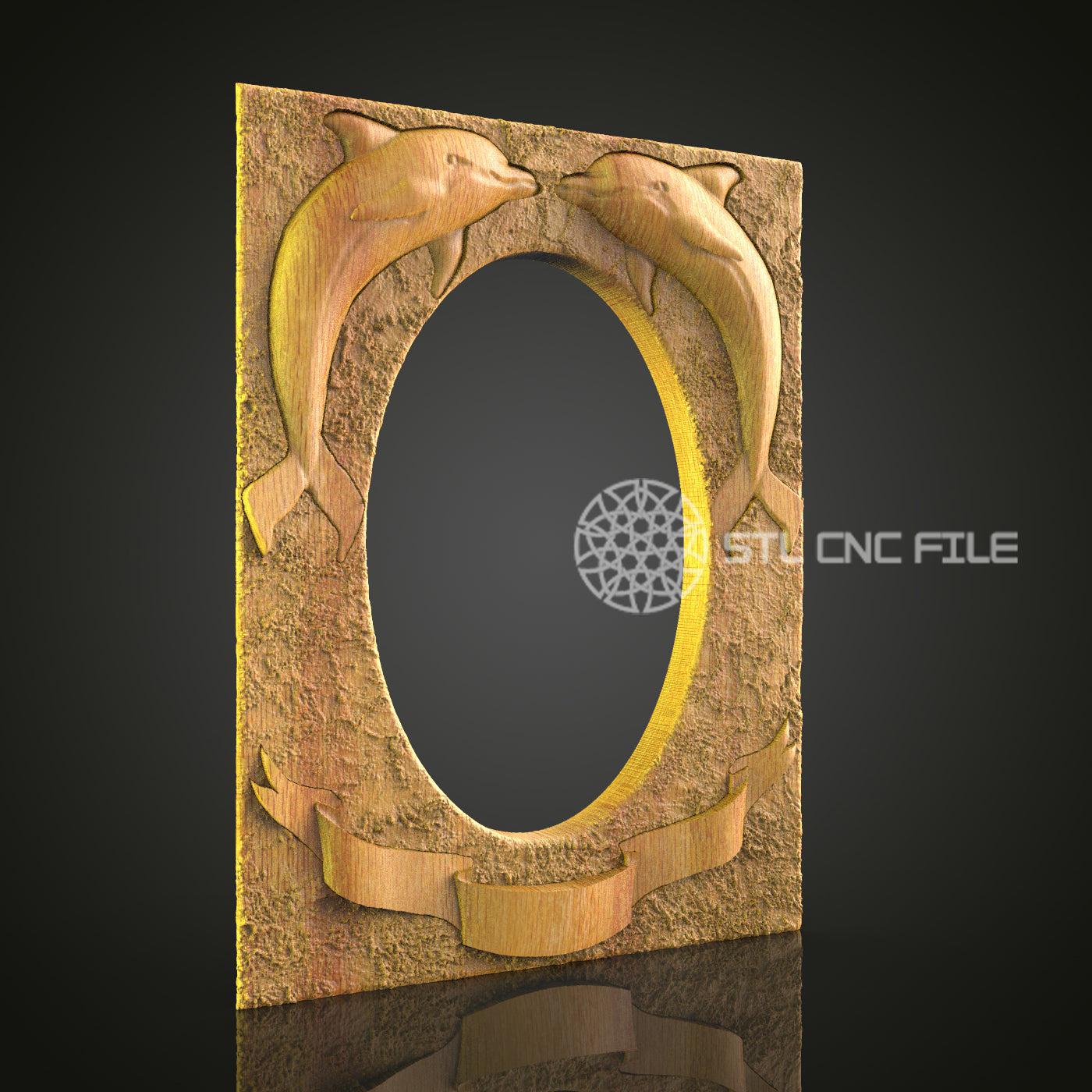 Jumping Dolphins CNC Engraved Frame - Nautical Theme Wood Carving, Decorative Mirror Frame