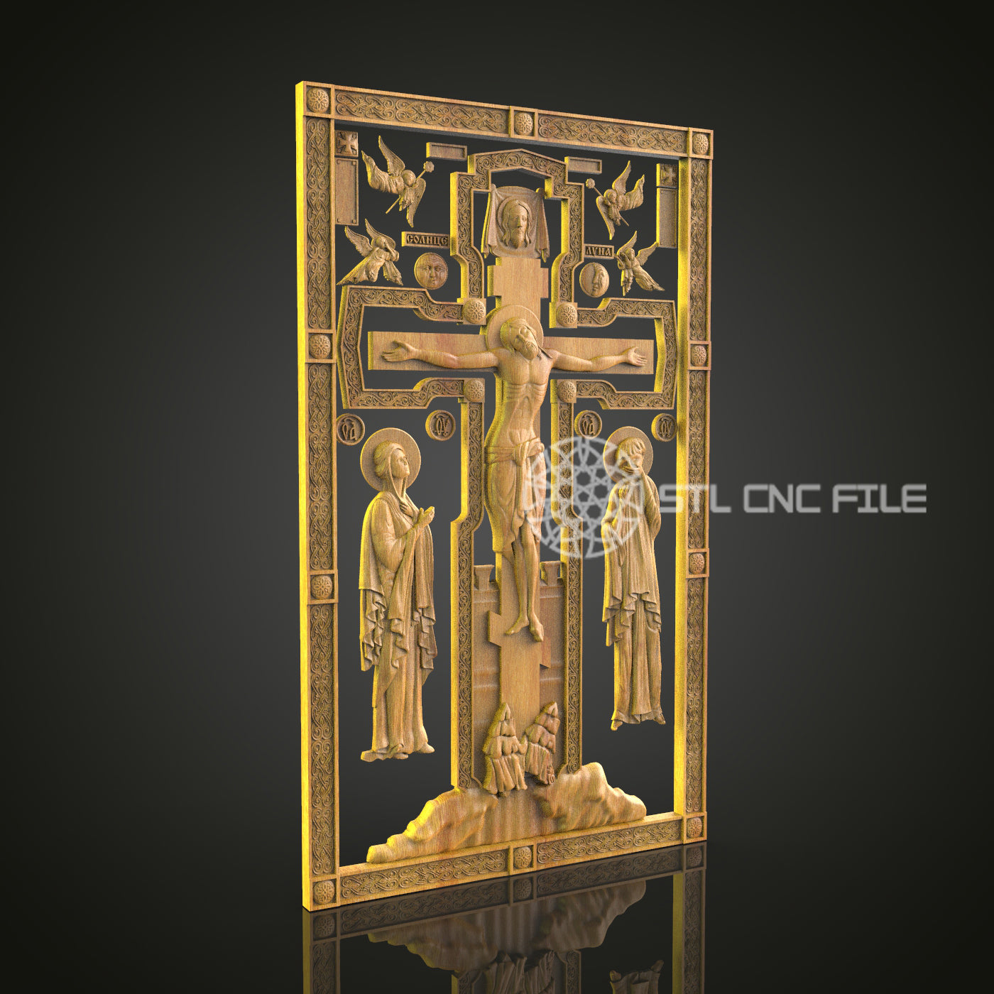 Crucifixion Scene CNC Engraved Panel - Detailed Religious Art, Spiritual Wood Carving