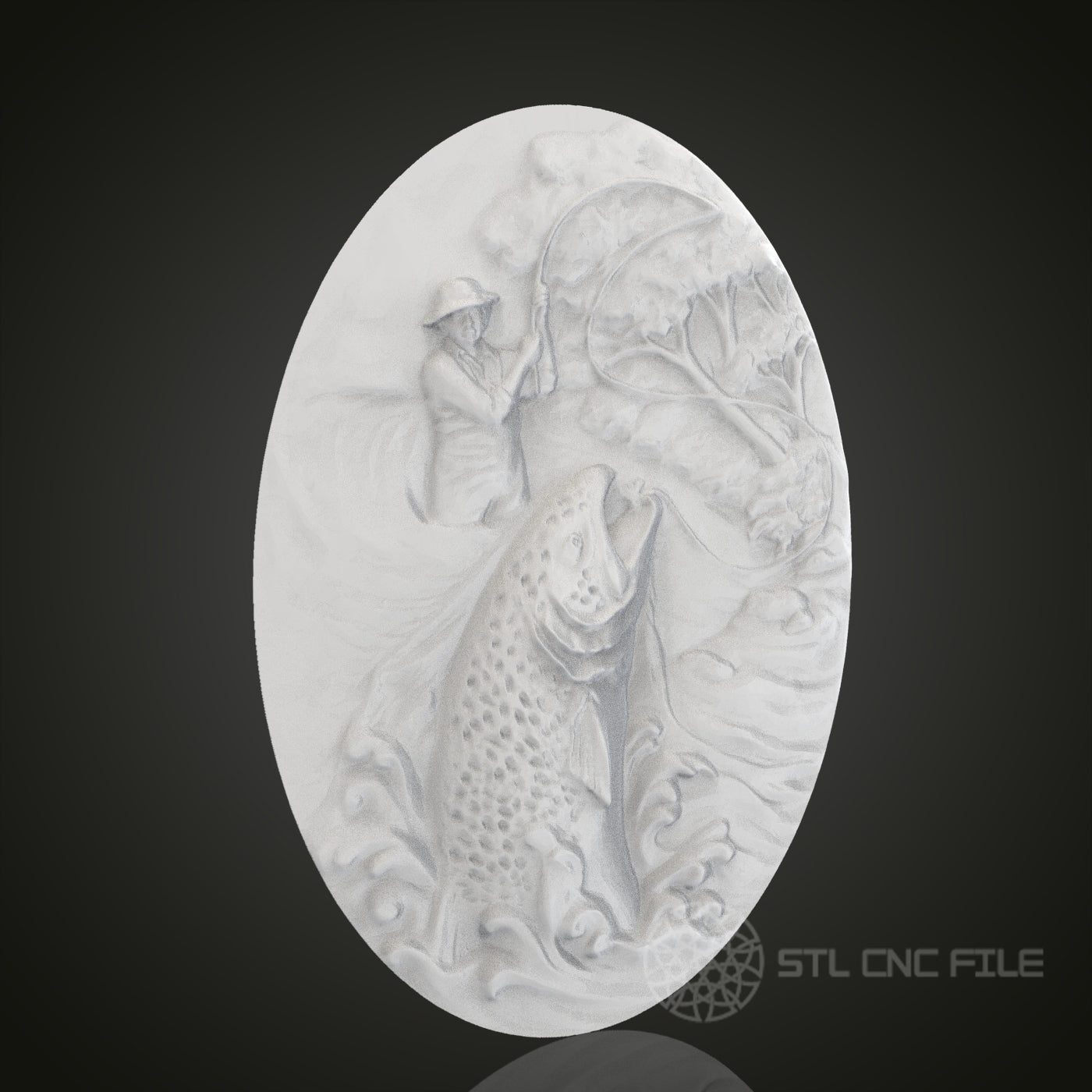 Fishing Scene Oval 3D Relief Art for CNC Router, Artcam, Aspire, Wall Decor, STL Model, Compatible with 3D Printers