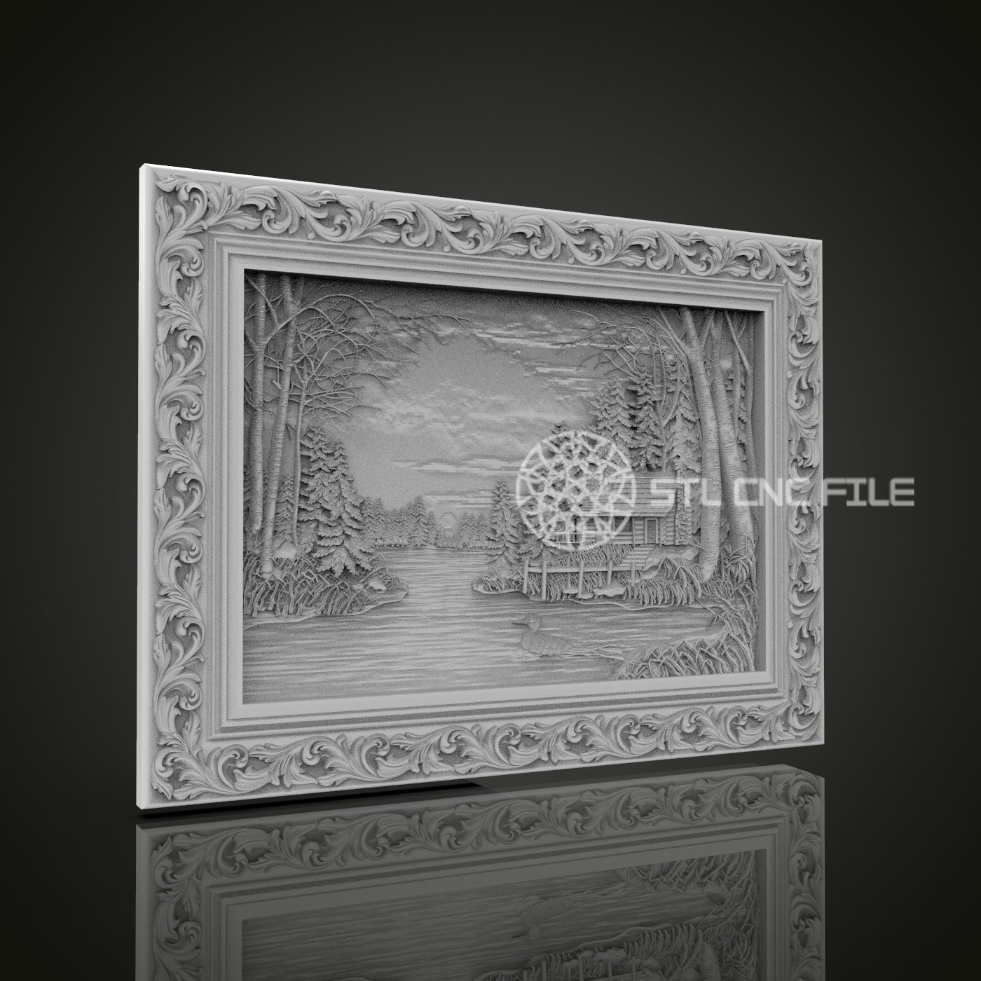 Winter Landscape Relief STL File, Scenic CNC Carving Design with Ornate Frame for Artcam, Aspire