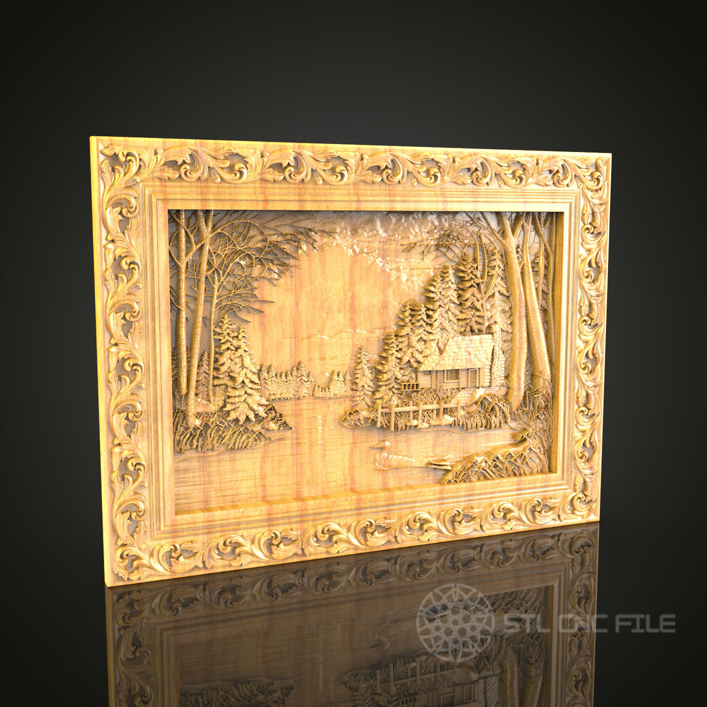 Winter Cabin in the Woods Wall Art - 3D STL File for CNC Wood Carving