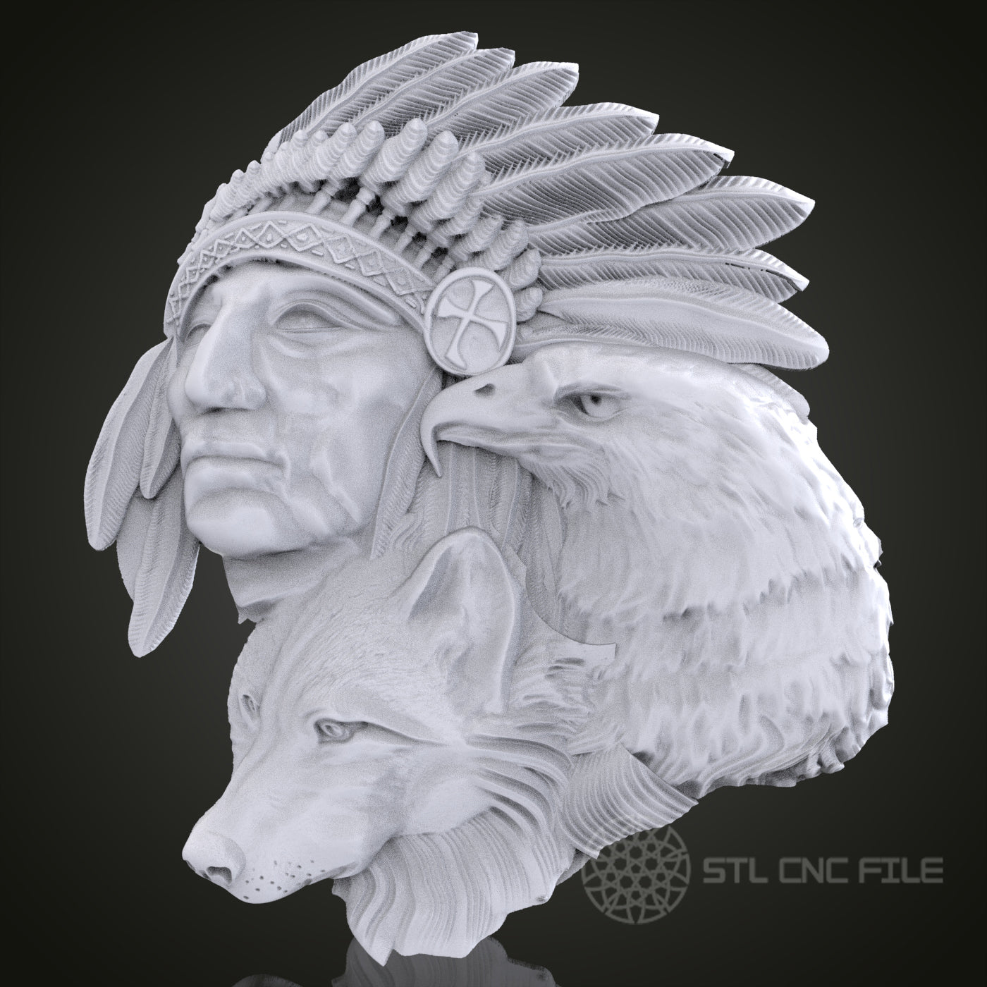 Native American Chief with Eagle and Wolf 3D Relief Art for CNC Router, Artcam, Aspire, Wall Decor, STL Model, Compatible with 3D Printers