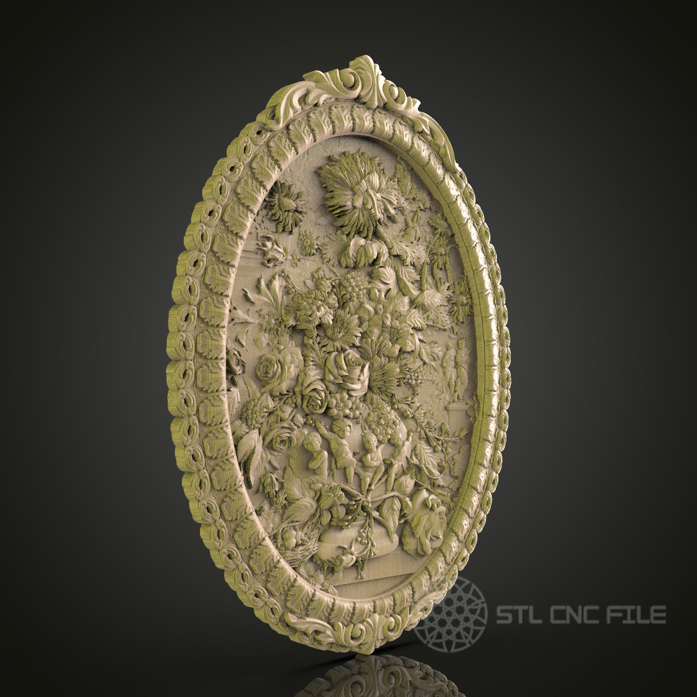 Elegant Floral Oval Frame STL Model for CNC Router, Aspire, Artcam, 3D Printer, Wall Decor, Wood Art