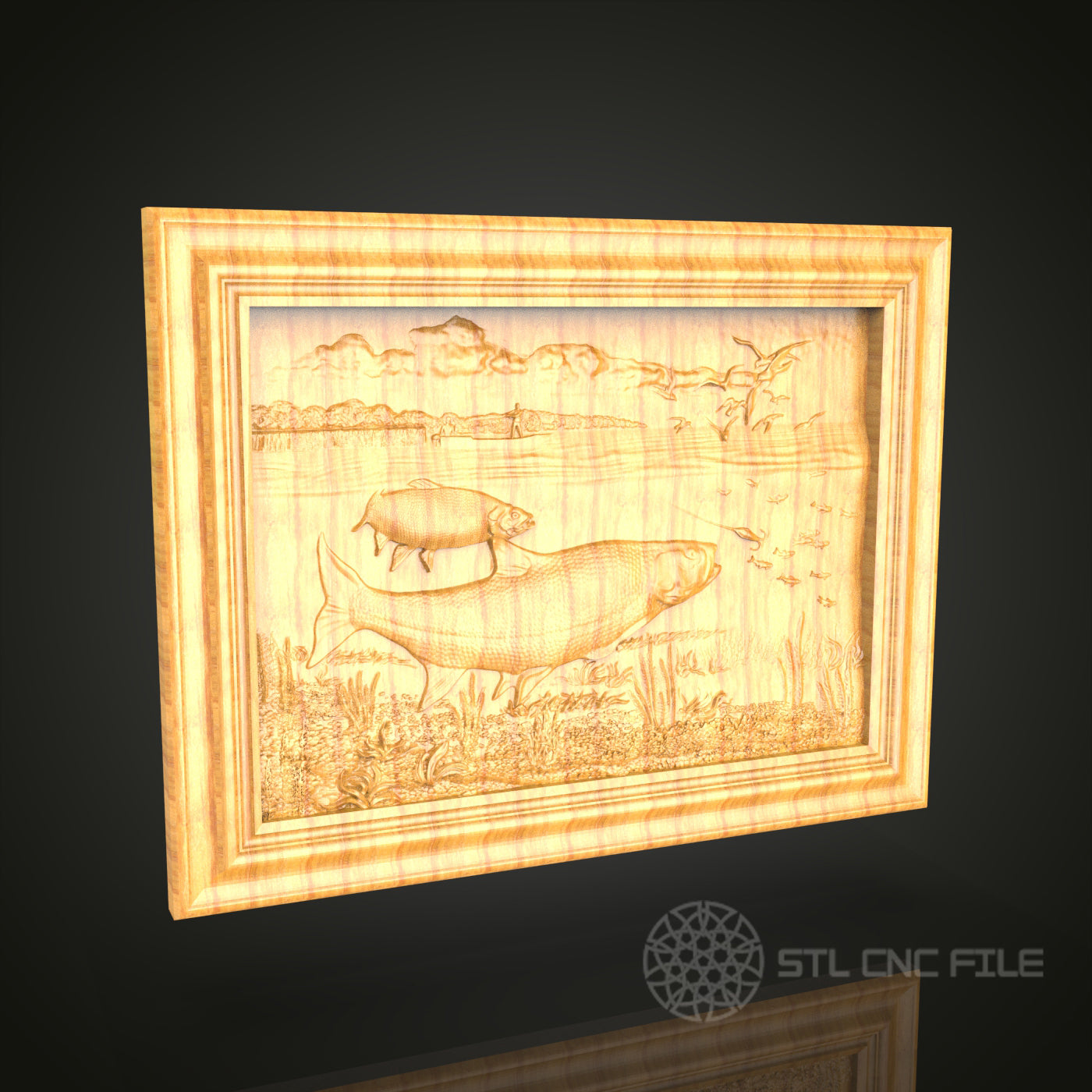 Lakeside Fishing Scene 3D STL Model - CNC Router File for Aquatic Wood Carving, Nature-Inspired Decor
