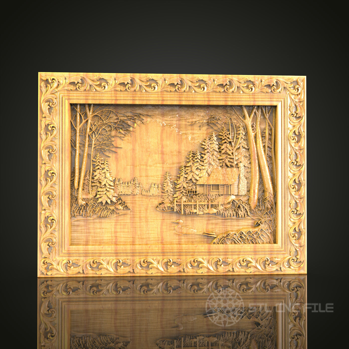 Winter Cabin in the Woods Wall Art - 3D STL File for CNC Wood Carving