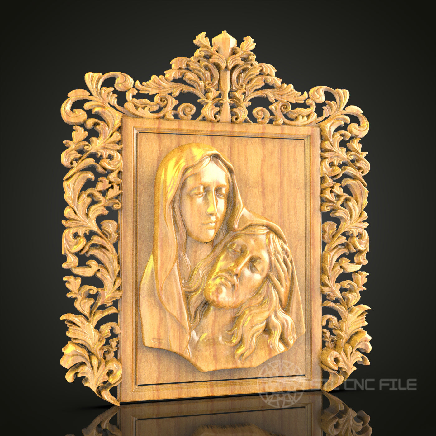 Pietà Sculpture 3D Relief Model for CNC – Religious Wood Carving, Ornate Frame Art File