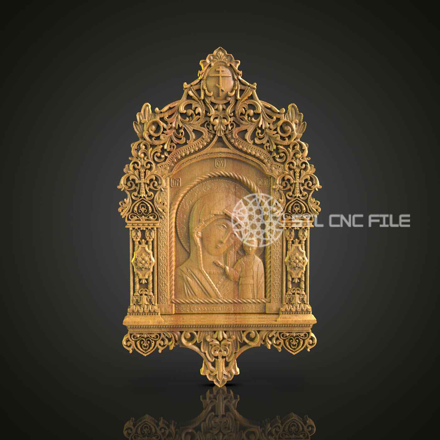 Gothic Arch Religious Icon CNC Router Engraved Wood Panel - Mary and Jesus for Sacred Home and Church Decor