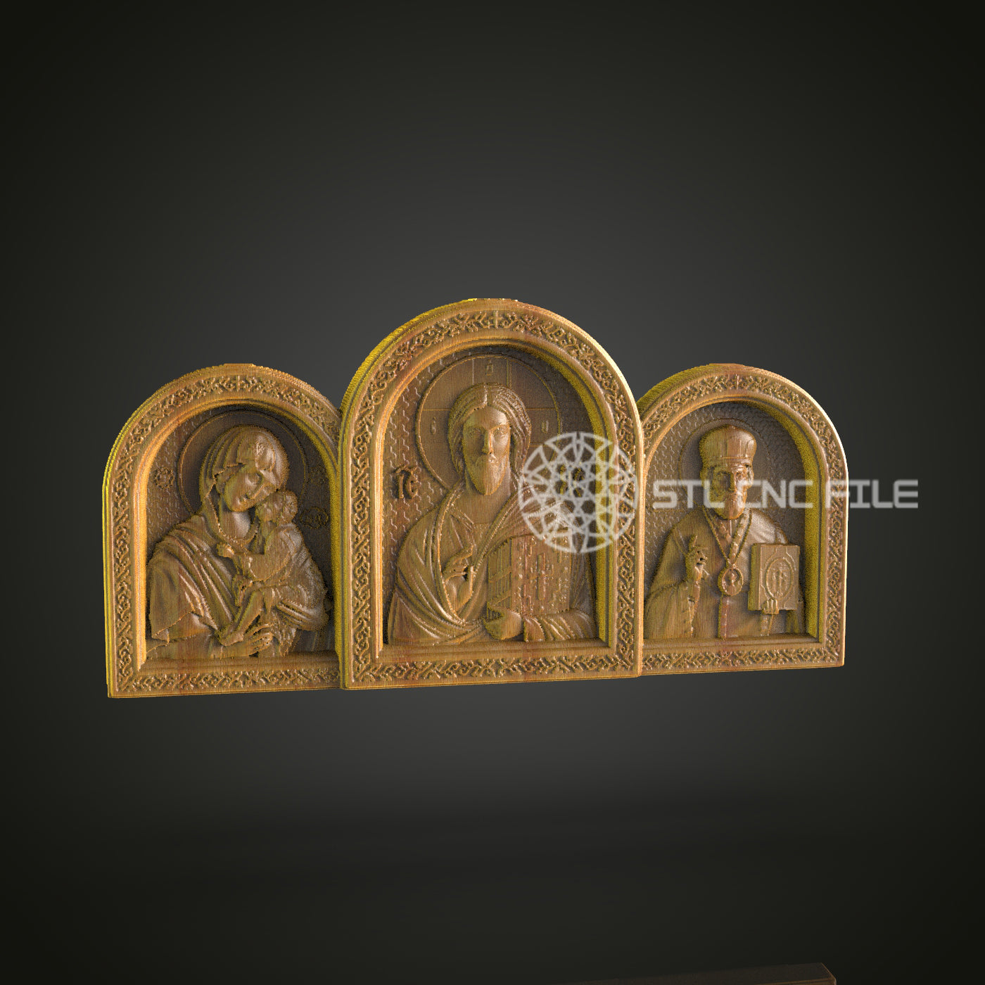 Triptych of Saints CNC Router Engraved Wood Panel - Sacred Art for Church, Home Altar, or Religious Collection