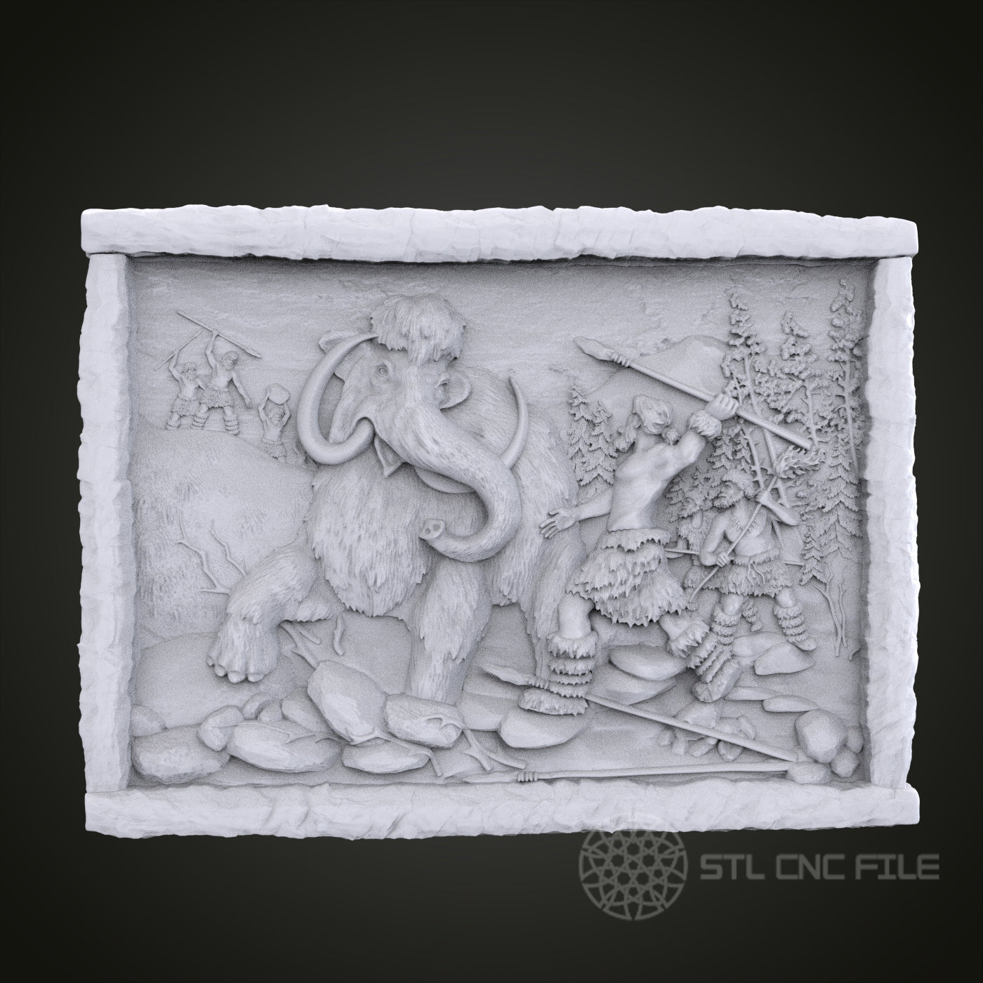 Woolly Mammoth Hunt 3D Relief Art for CNC Router, Artcam, Aspire, Wall Decor, STL Model, Compatible with 3D Printers