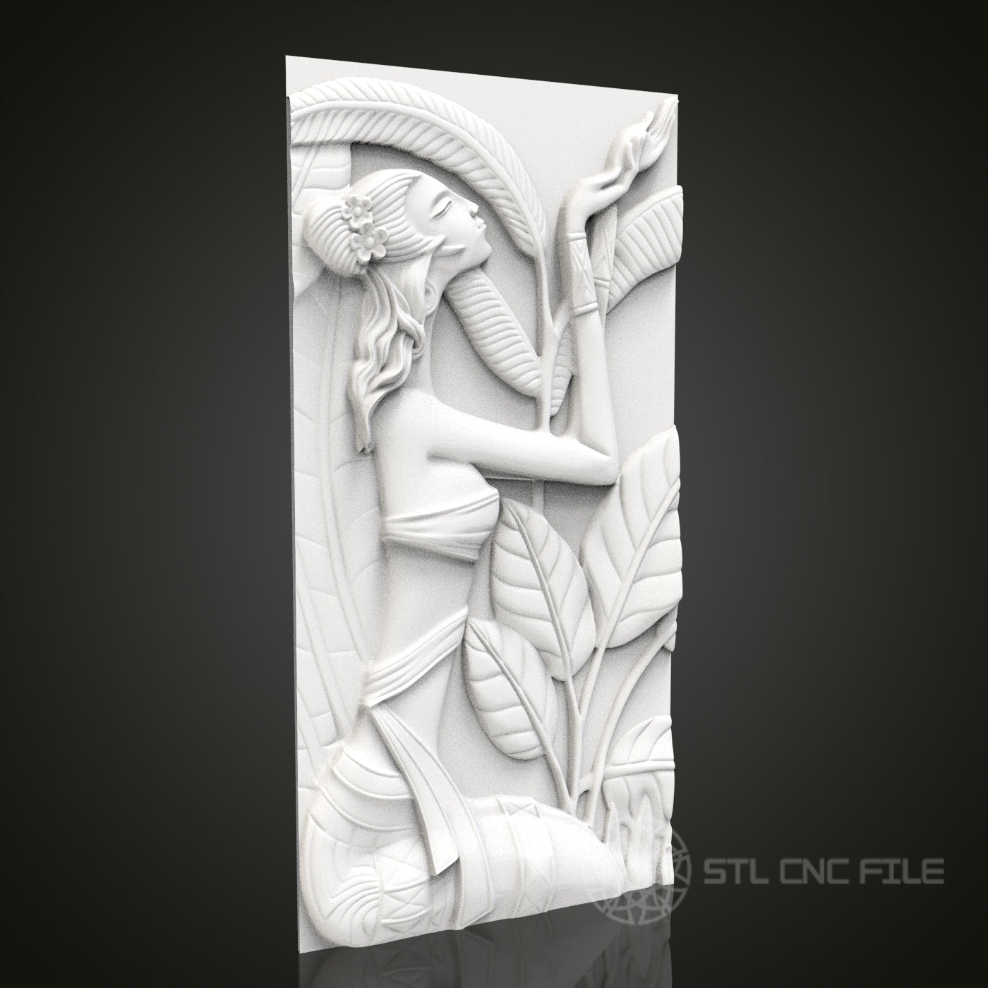 Tropical Serenity - Woman and Leaves 3D CNC Engraved Wood Panel, Artcam Aspire STL Model for CNC Router, Exotic Botanical Art