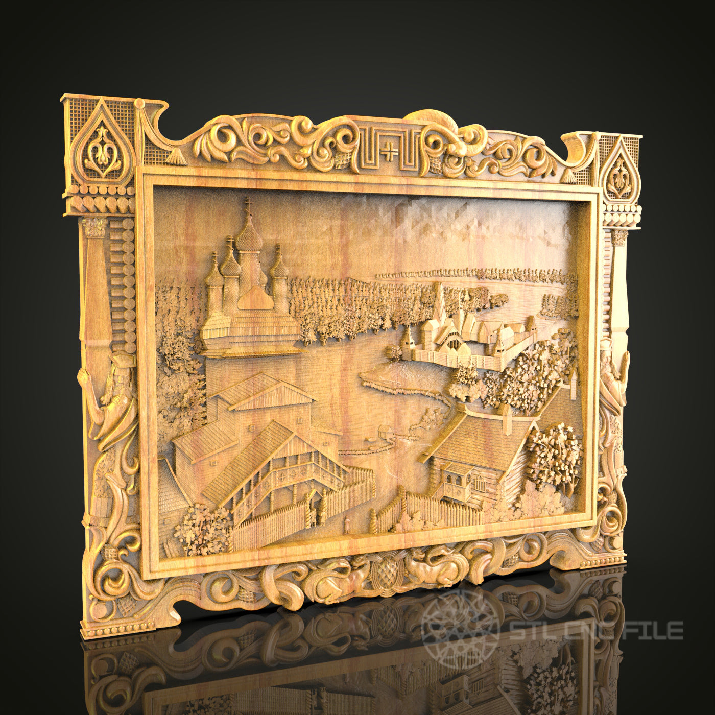 Rustic Village Landscape 3D Relief STL File for CNC, Detailed Architectural Wood Wall Art