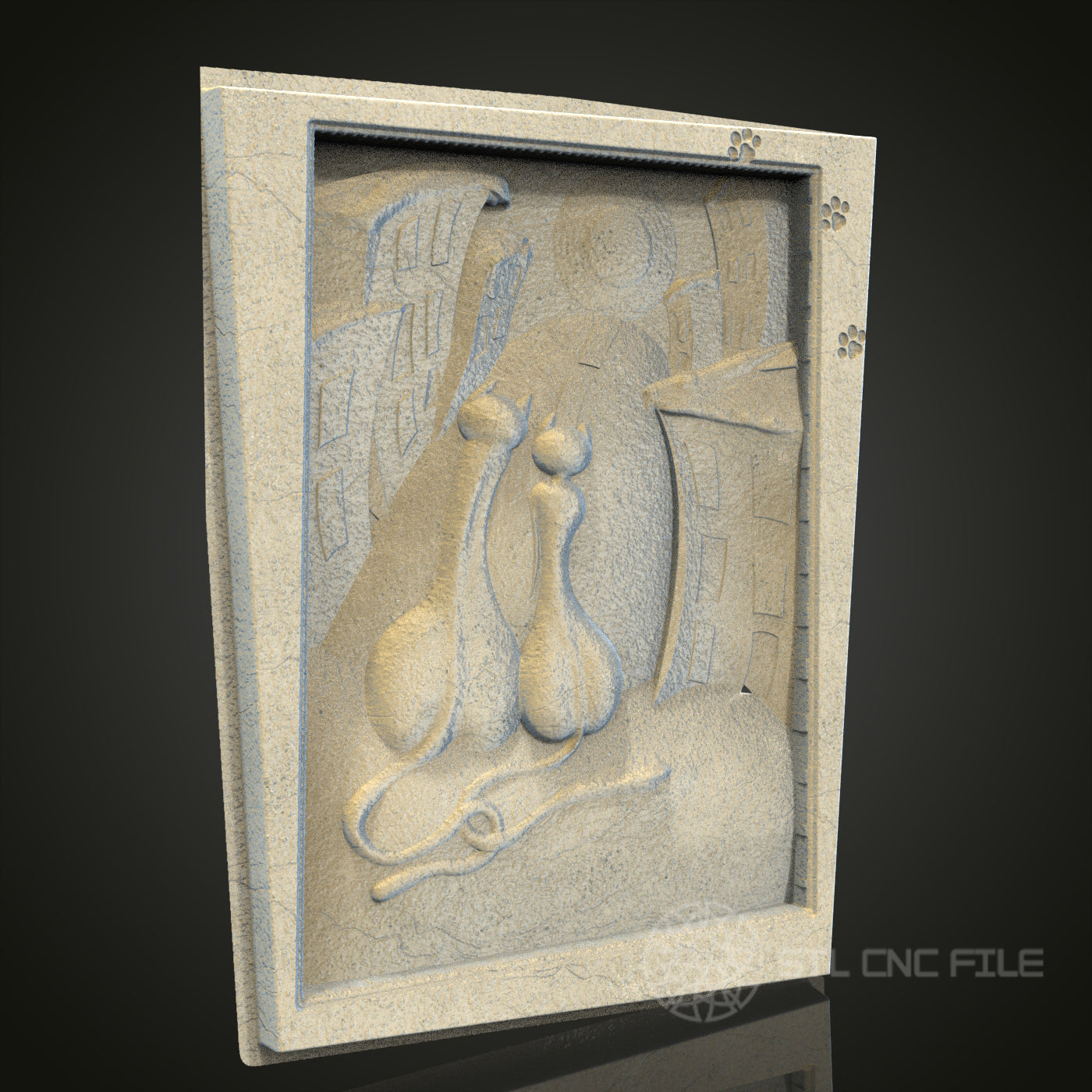 Quaint Alley Cats 3D STL File, CNC and 3D Printer Model, Artistic Urban Scene, Artcam Aspire, Cityscape Wall Decor