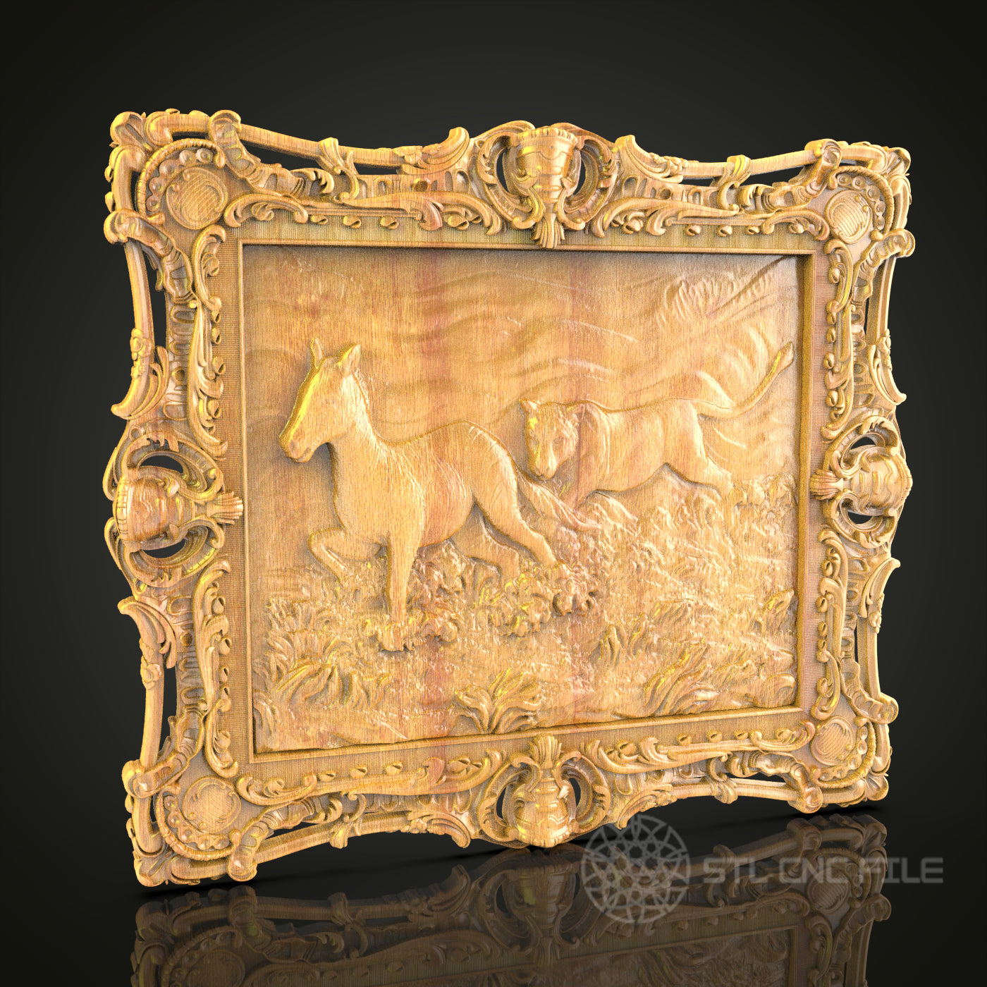 Running Horses 3D Relief STL File for CNC, Elegant Equine Wood Wall Art