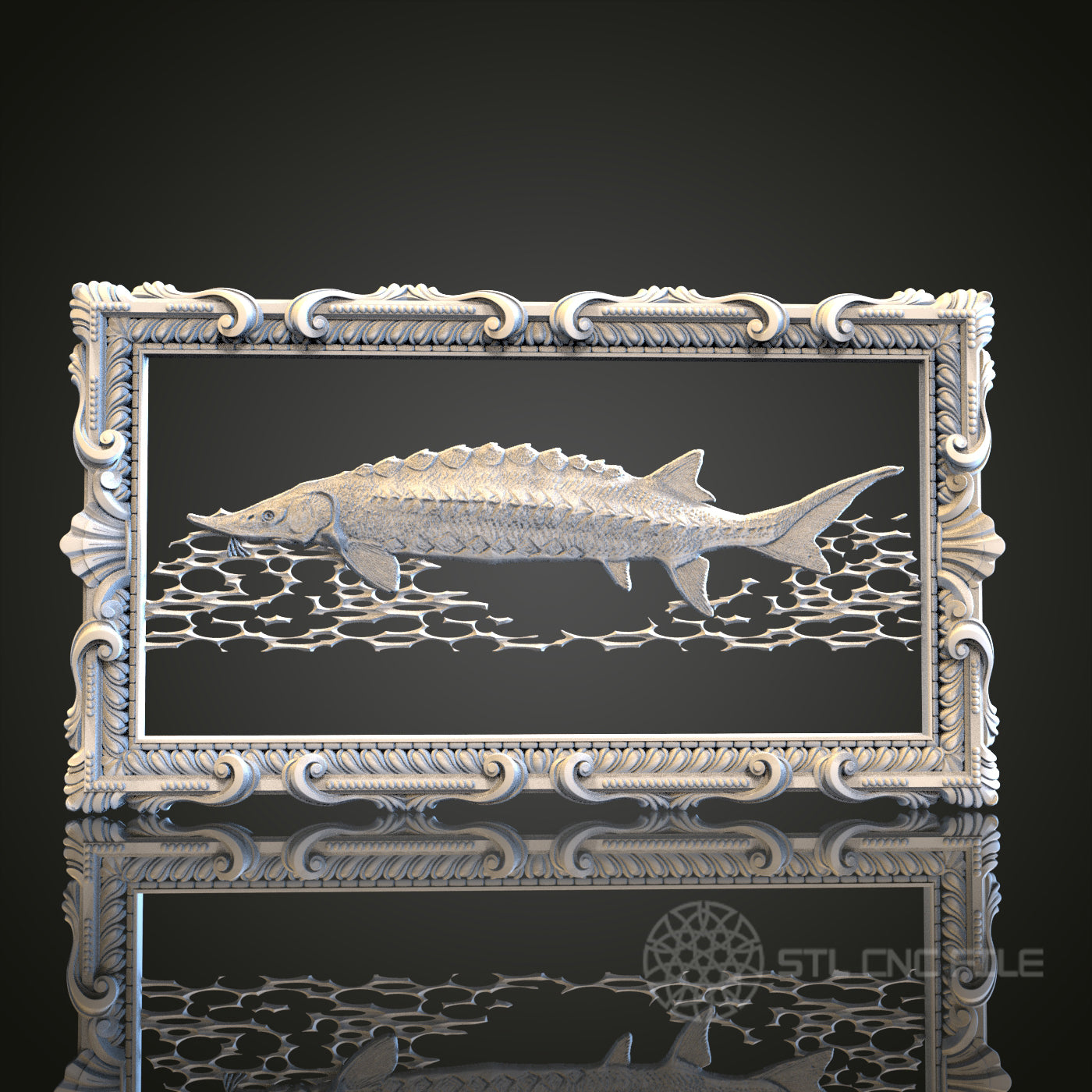 Intricate Fish in Frame Relief STL Model for CNC and 3D Printing, Artcam, Aspire, Wall Decor