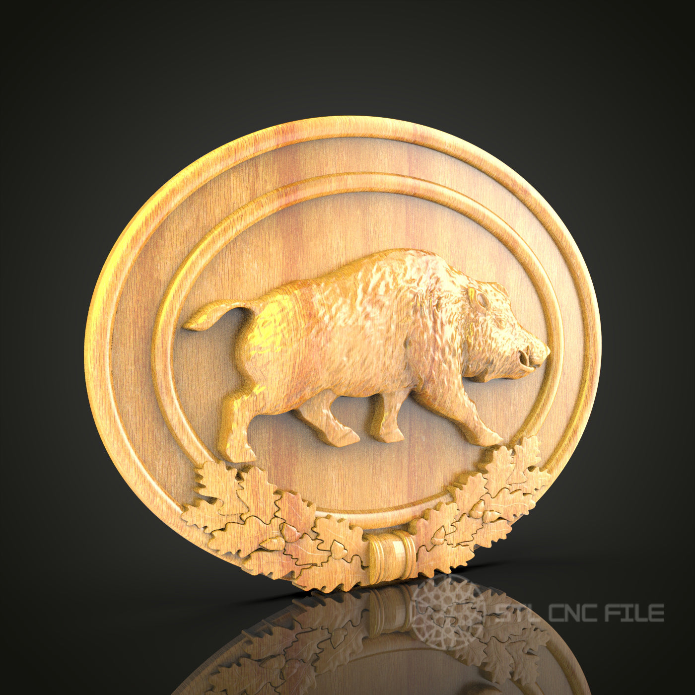 Wild Boar in Autumn Leaves 3D Relief STL File for CNC, Forest Animal Wood Wall Art