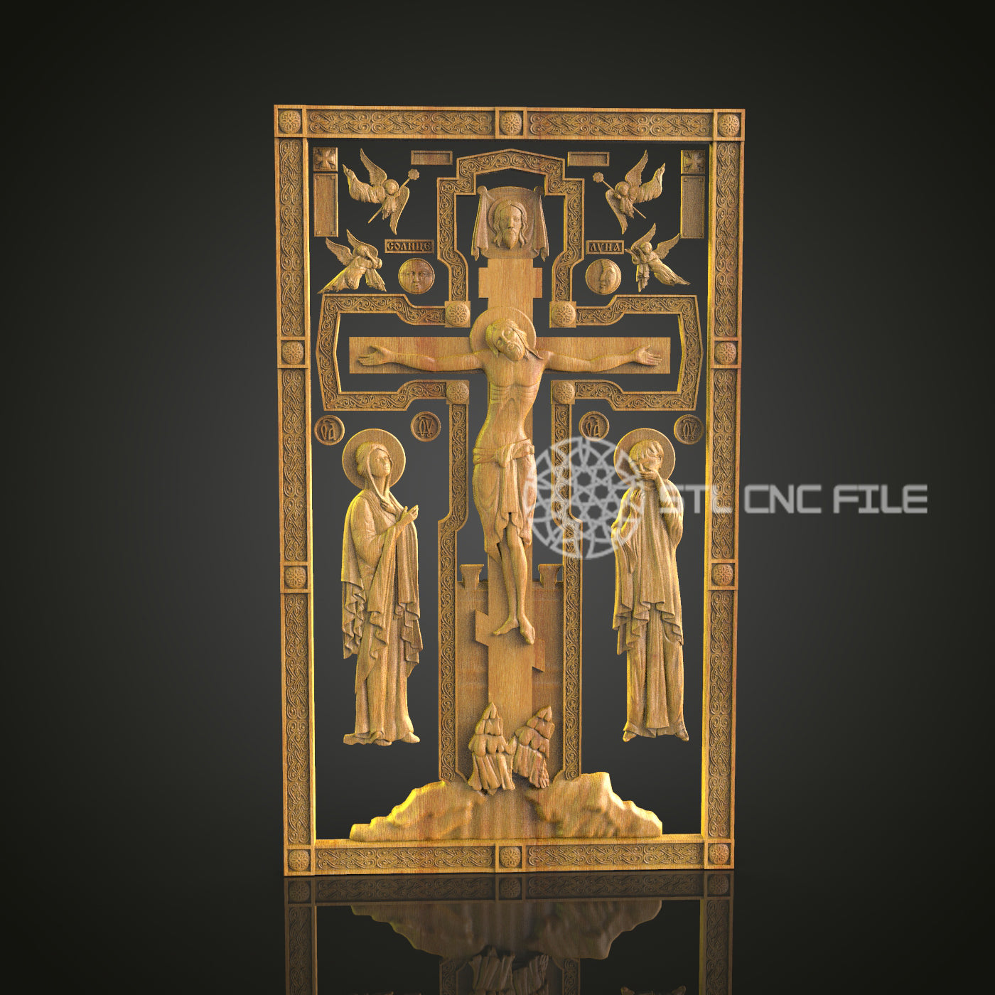 Crucifixion Scene CNC Engraved Panel - Detailed Religious Art, Spiritual Wood Carving