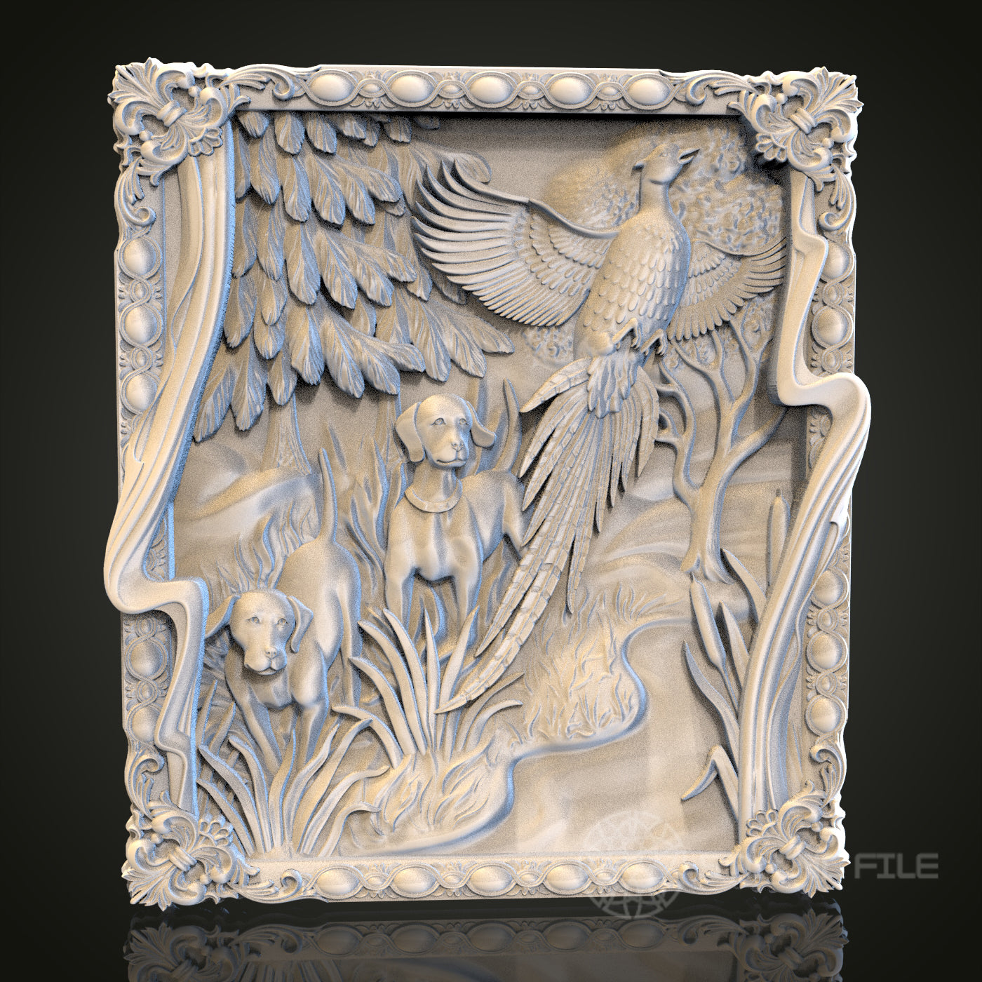 Ornate Hunting Scene Relief STL Model for CNC and 3D Printing, Artcam, Aspire, Wall Decor