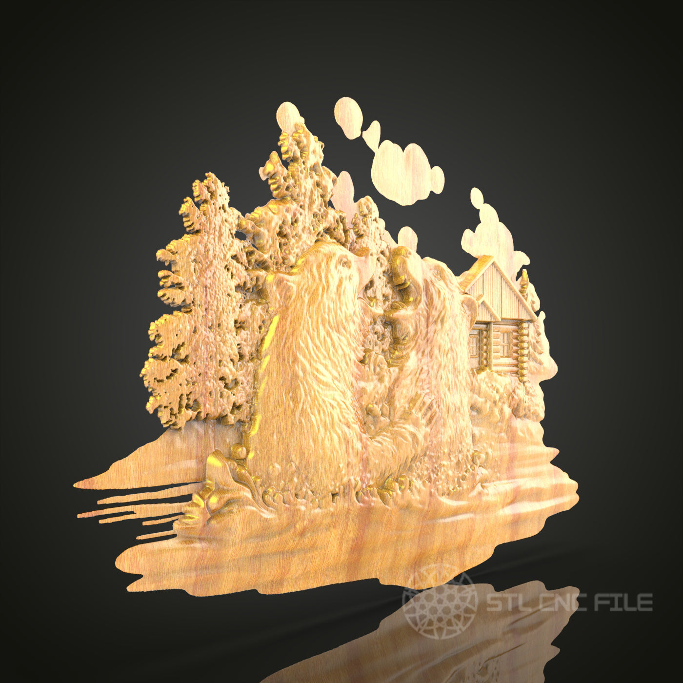 Forest Bears Scene STL File for CNC, 3D Wood Carving, Rustic Cabin Decor, Wildlife Art, Router Engraving