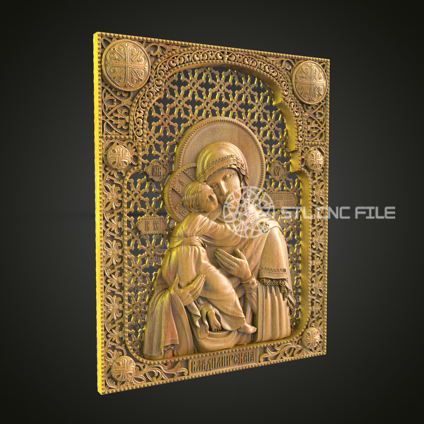Virgin Mary with Child CNC Engraved Panel - Ornate Religious Art, Spiritual Wood Carving