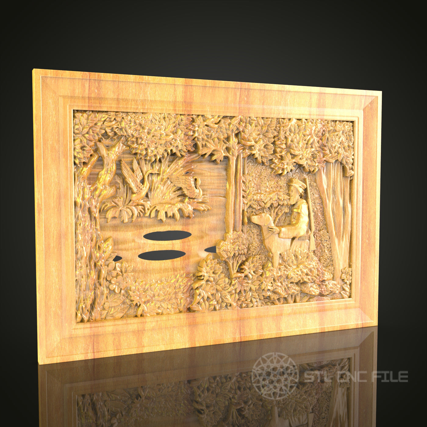 Lakeside Wildlife 3D Relief STL File for CNC, Tranquil Nature Wood Wall Art